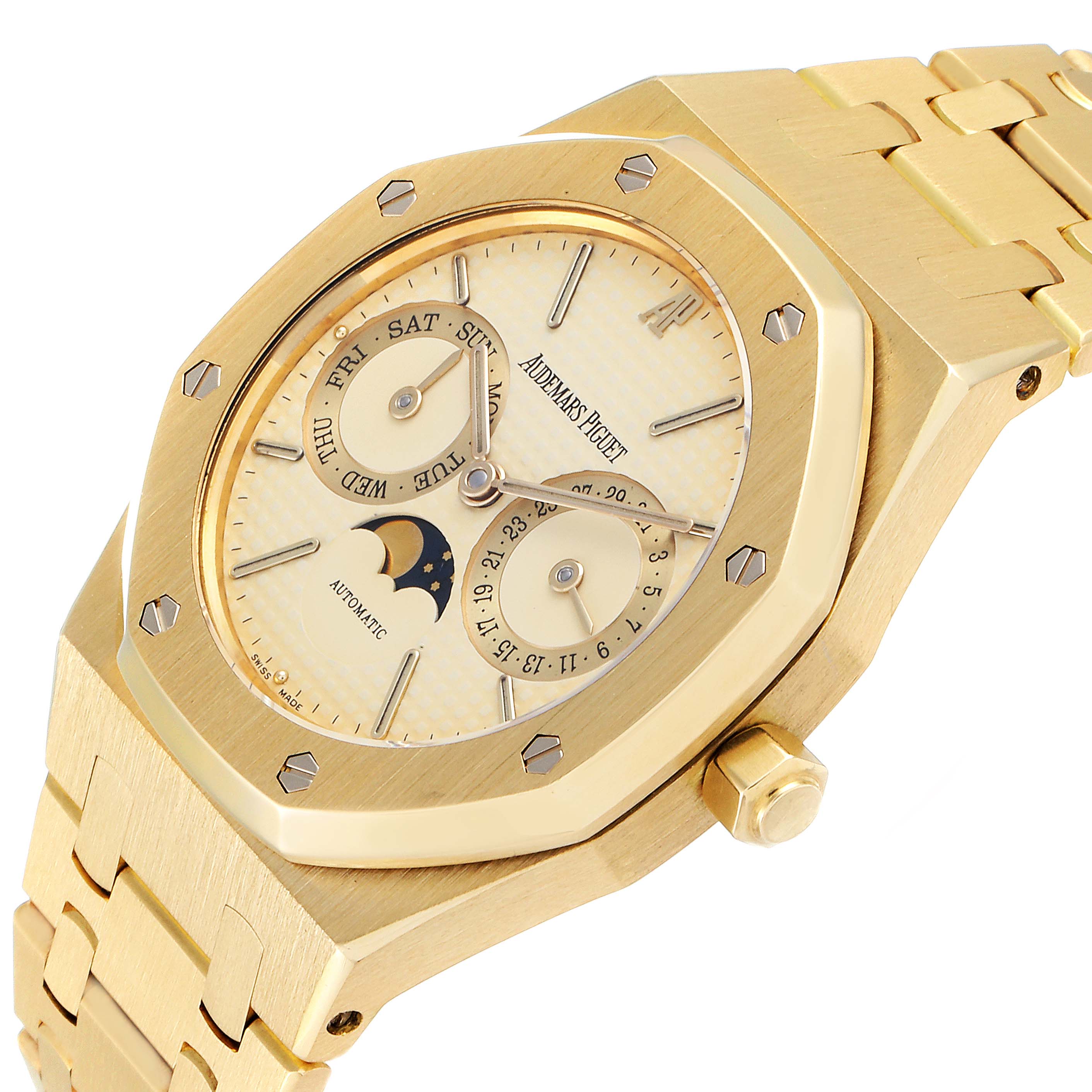 The image shows a gold Audemars Piguet Royal Oak 25594BA.OO.0477BA.01 Men's Yellow Gold Champagne Dial 25594BA.OO.0477BA.01 Men's Yellow Gold Champagne Dial watch at a slight angle, displaying its face, bezel, crown, and part of the bracelet.