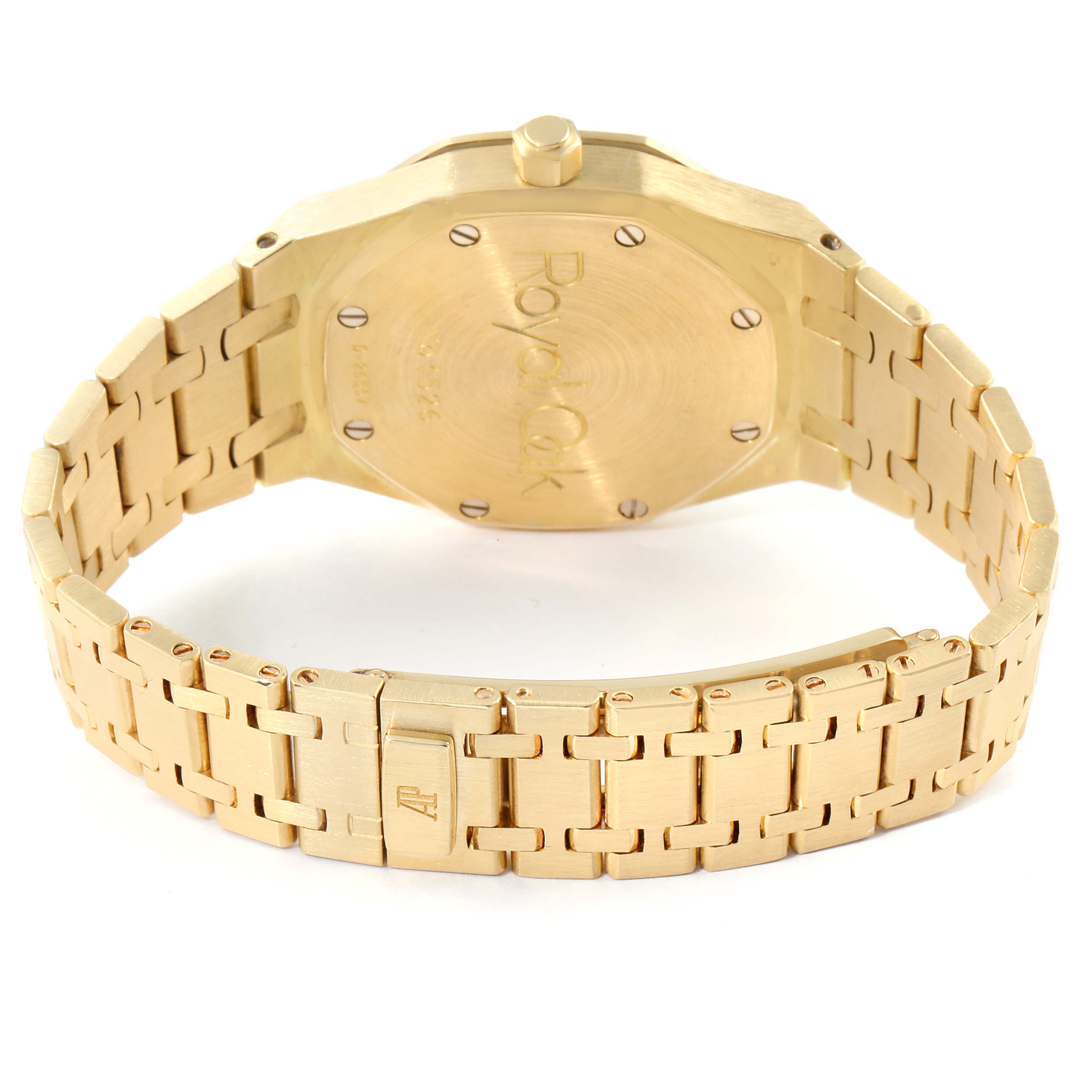 The image shows the backside and bracelet of a Royal Oak model by Audemars Piguet, featuring the clasp and watch case back.