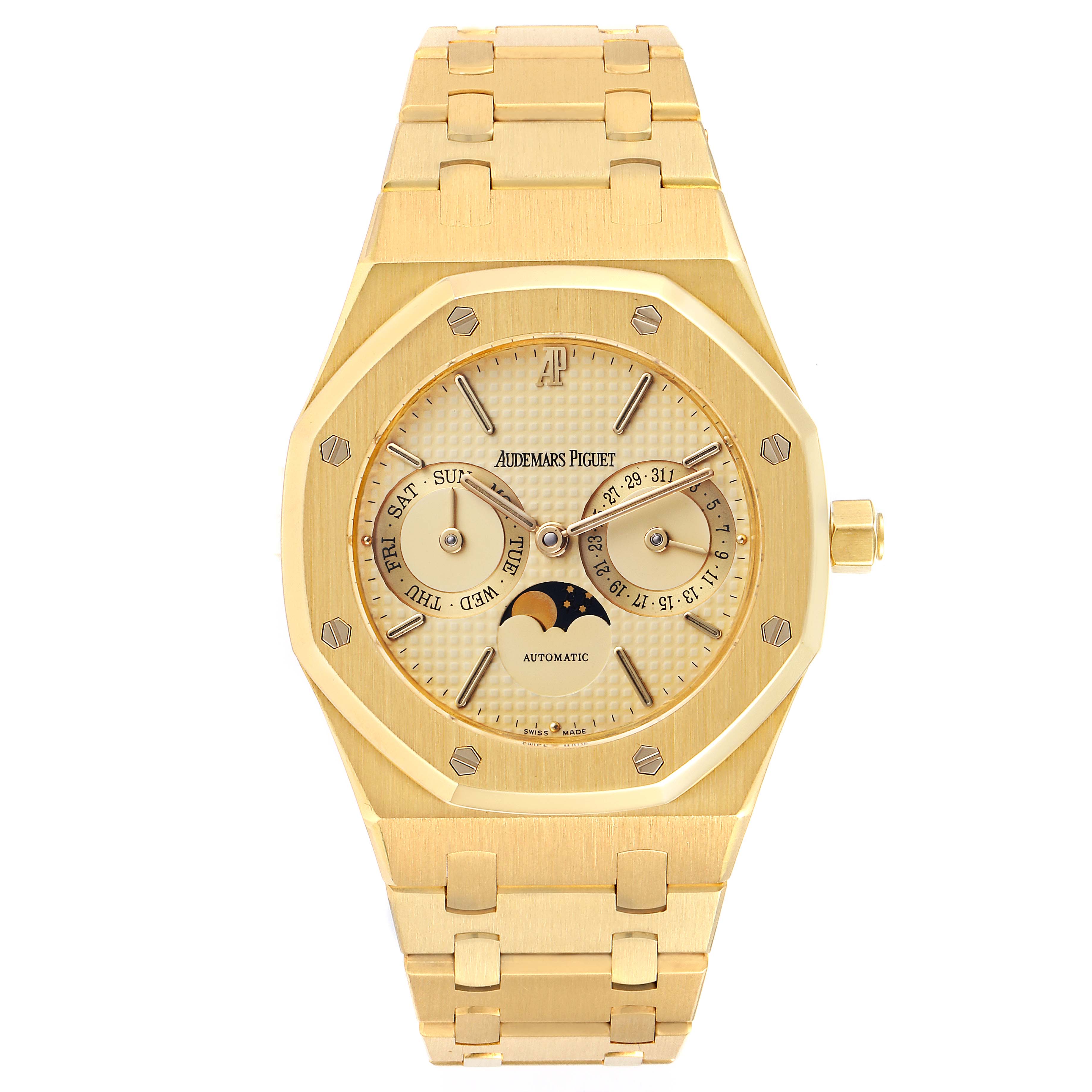 The image shows a front view of a gold Audemars Piguet Royal Oak 25594BA.OO.0477BA.01 Men's Yellow Gold Champagne Dial 25594BA.OO.0477BA.01 Men's Yellow Gold Champagne Dial watch displaying its face, bezel, and bracelet.