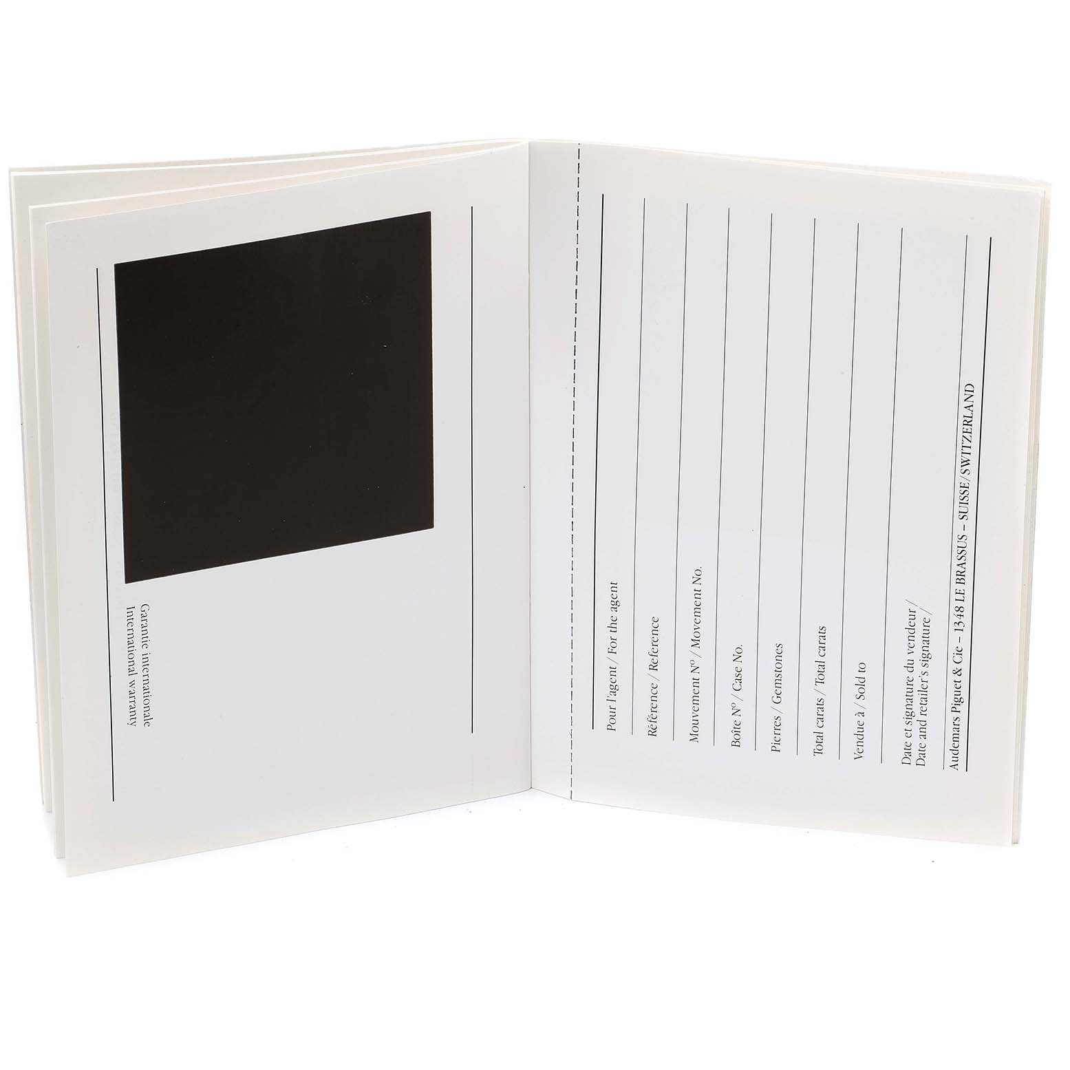 This image shows the warranty booklet for a Vintage model by Audemars Piguet, opened to display warranty information fields.