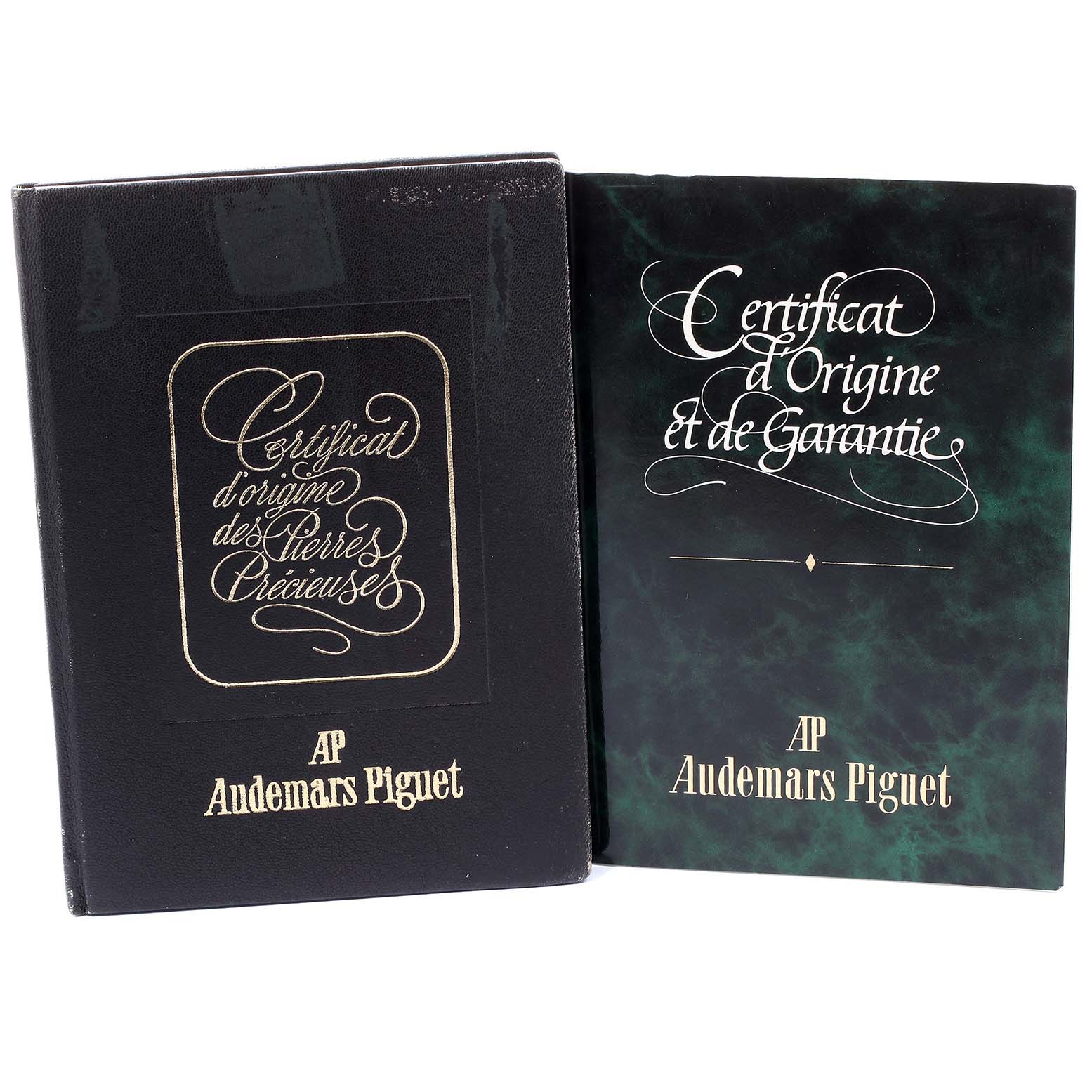 The image shows certificates of origin and guarantee for a Vintage Audemars Piguet watch, displayed frontally.