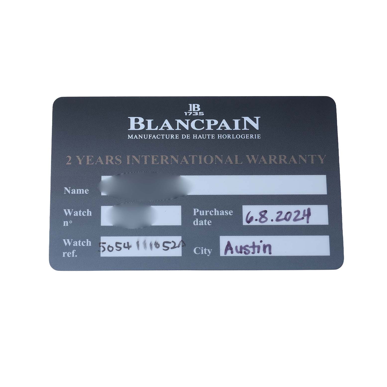 The image shows a Blancpain Fifty Fathoms 5054 1110 B52A Men's Stainless Steel Grey Dial warranty card with details like purchase date and city.