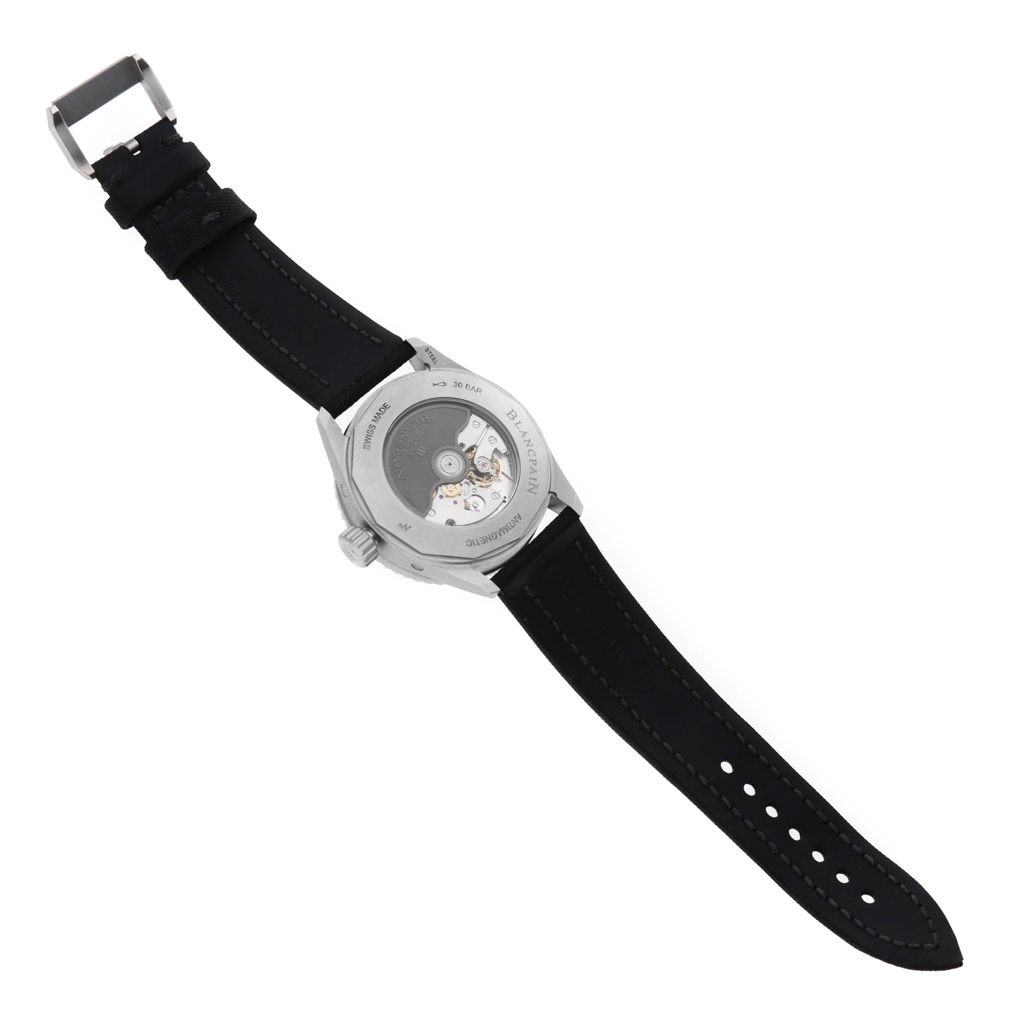 The image shows the back view of the Blancpain Fifty Fathoms 5054 1110 B52A Men's Stainless Steel Grey Dial watch, displaying the case back and movement.