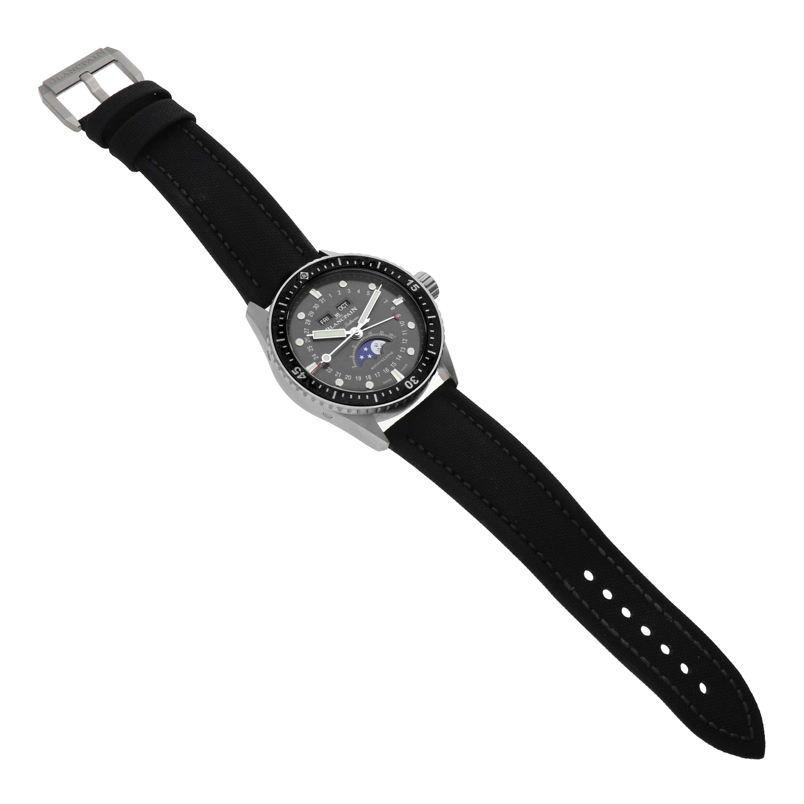 The Blancpain Fifty Fathoms 5054 1110 B52A Men's Stainless Steel Grey Dial watch is shown from an angled top-down view, highlighting the dial, bezel, crown, and strap.