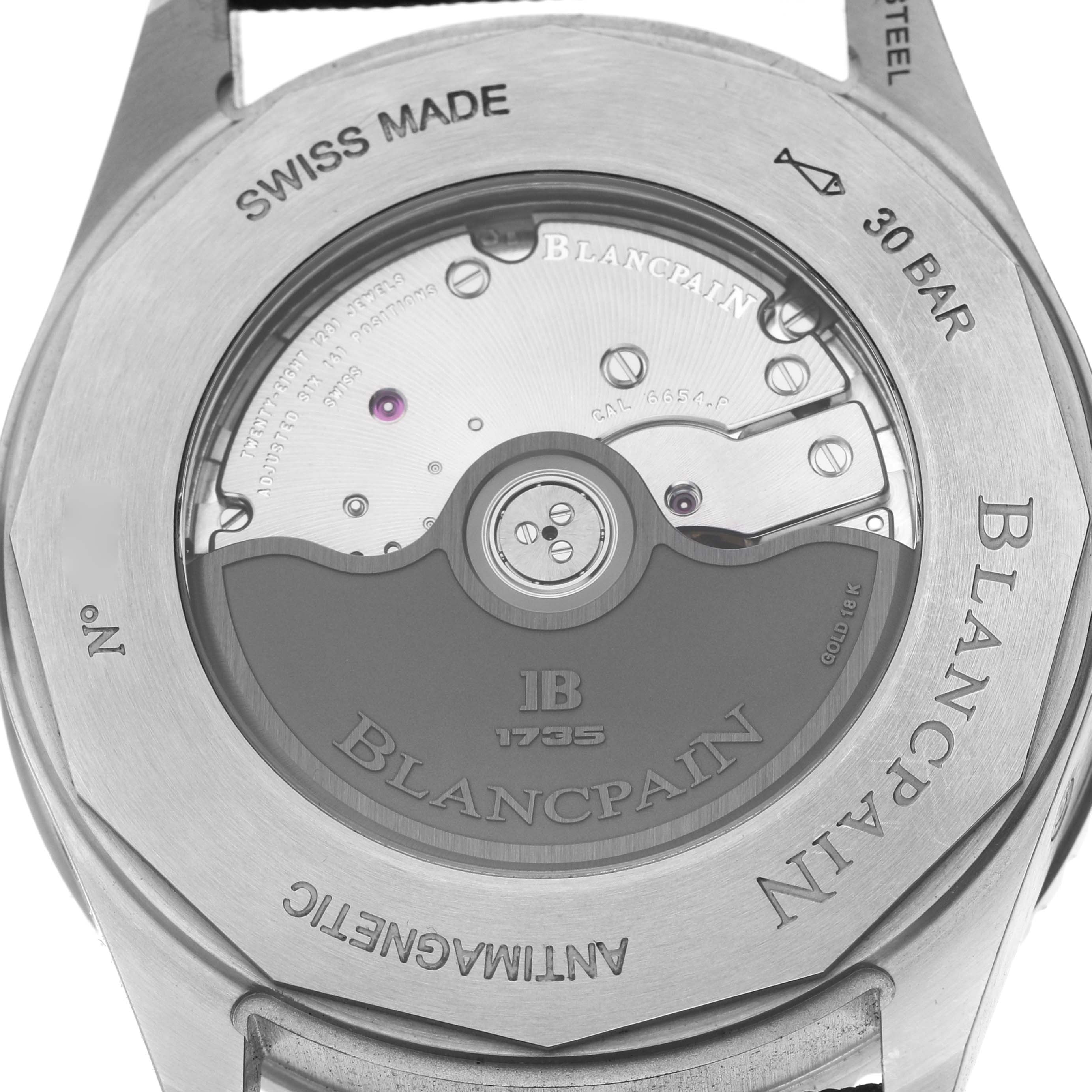 The image shows the case back of a Blancpain Fifty Fathoms 5054 1110 B52A Men's Stainless Steel Grey Dial watch, displaying its movement and engravings.