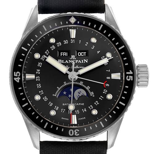 The image shows a front view of the Blancpain Fifty Fathoms 5054 1110 B52A Men's Stainless Steel Grey Dial watch, highlighting the dial, bezel, hands, and strap.
