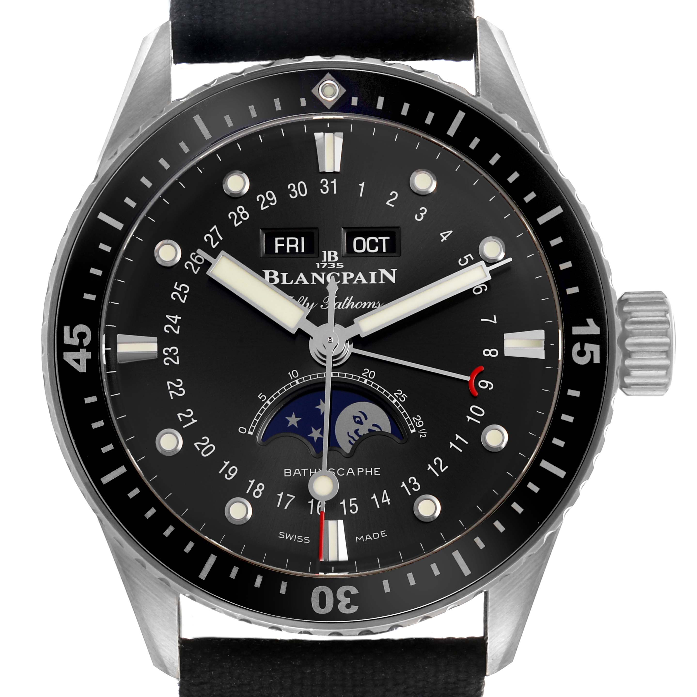 The image shows a frontal view of the Blancpain Fifty Fathoms 5054 1110 B52A Men's Stainless Steel Grey Dial watch, displaying the face, bezel, crown, and strap.