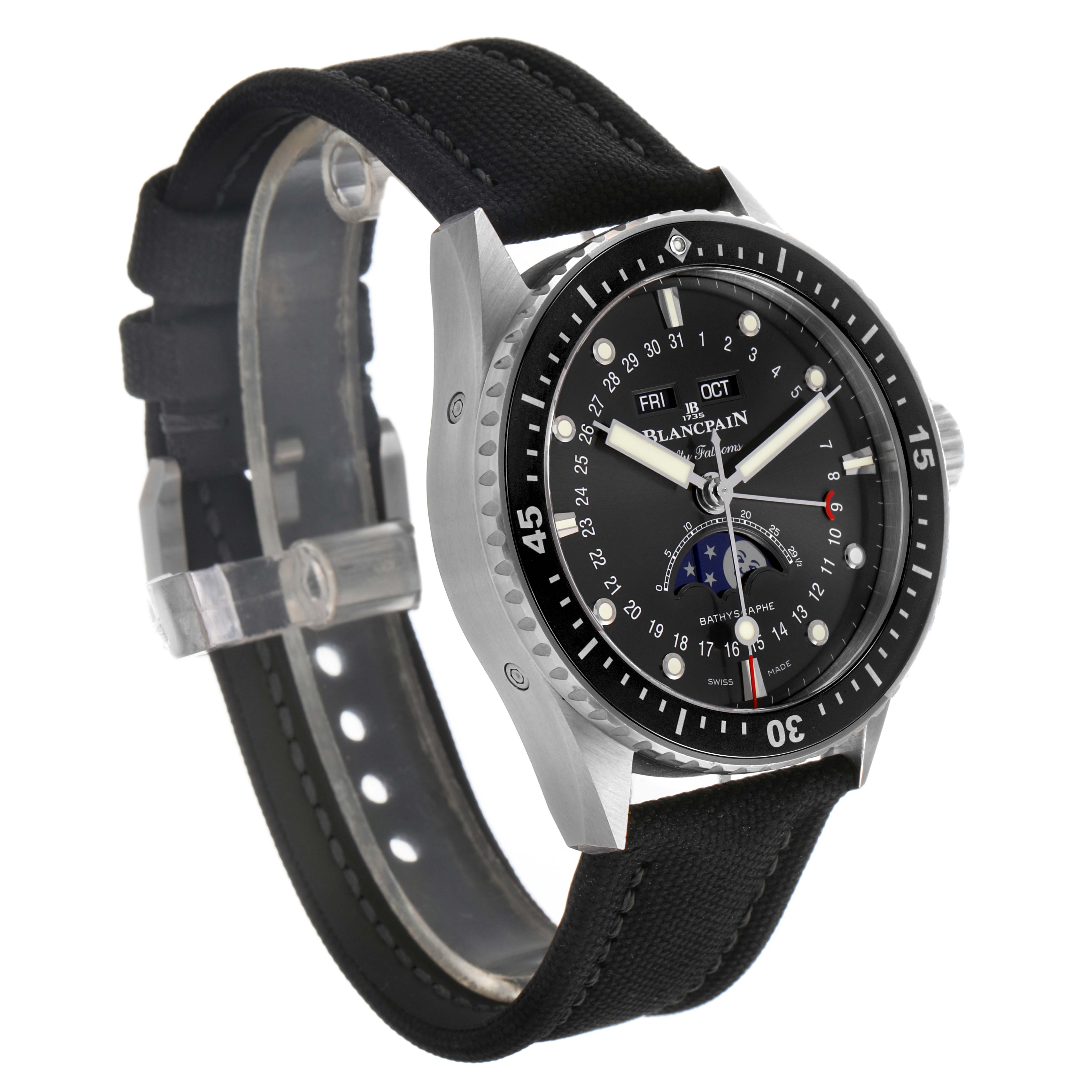 The Blancpain Fifty Fathoms 5054 1110 B52A Men's Stainless Steel Grey Dial watch is shown at a three-quarter angle, highlighting the face, bezel, and strap.