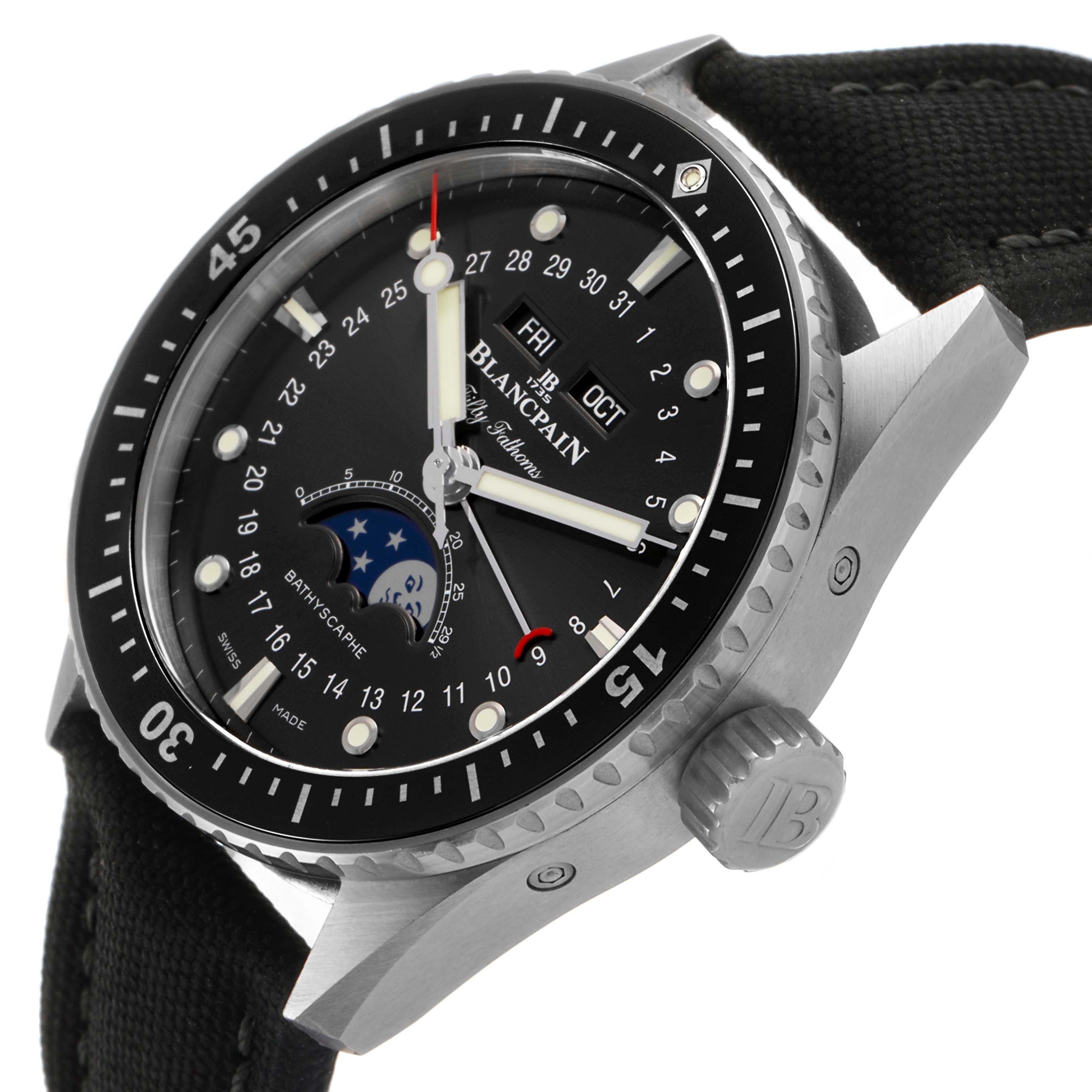 The Blancpain Fifty Fathoms 5054 1110 B52A Men's Stainless Steel Grey Dial watch is shown at a three-quarter angle, displaying the bezel, crown, dial, and strap.