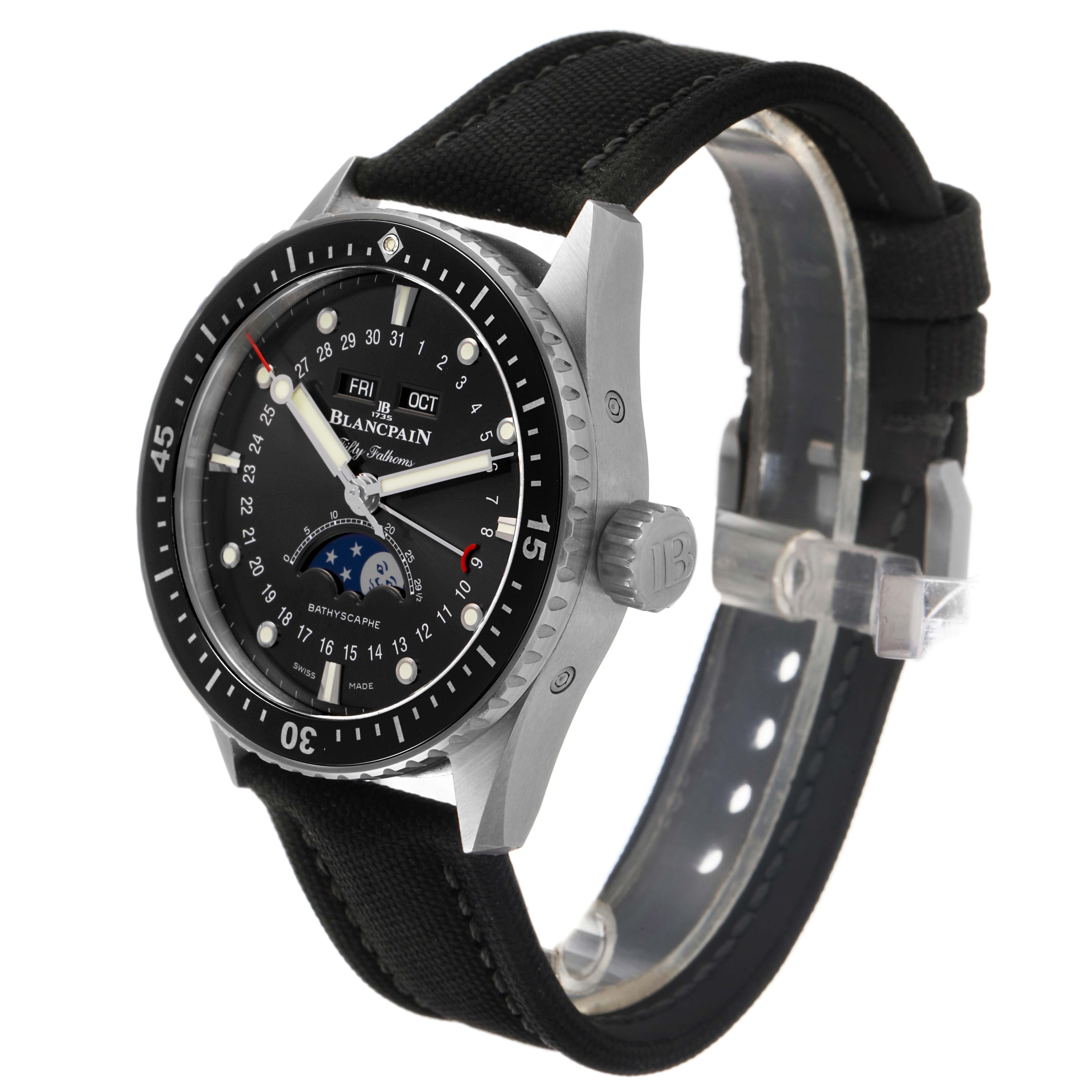 The Blancpain Fifty Fathoms 5054 1110 B52A Men's Stainless Steel Grey Dial watch is shown at a slight angle, highlighting the face, bezel, crown, and strap.