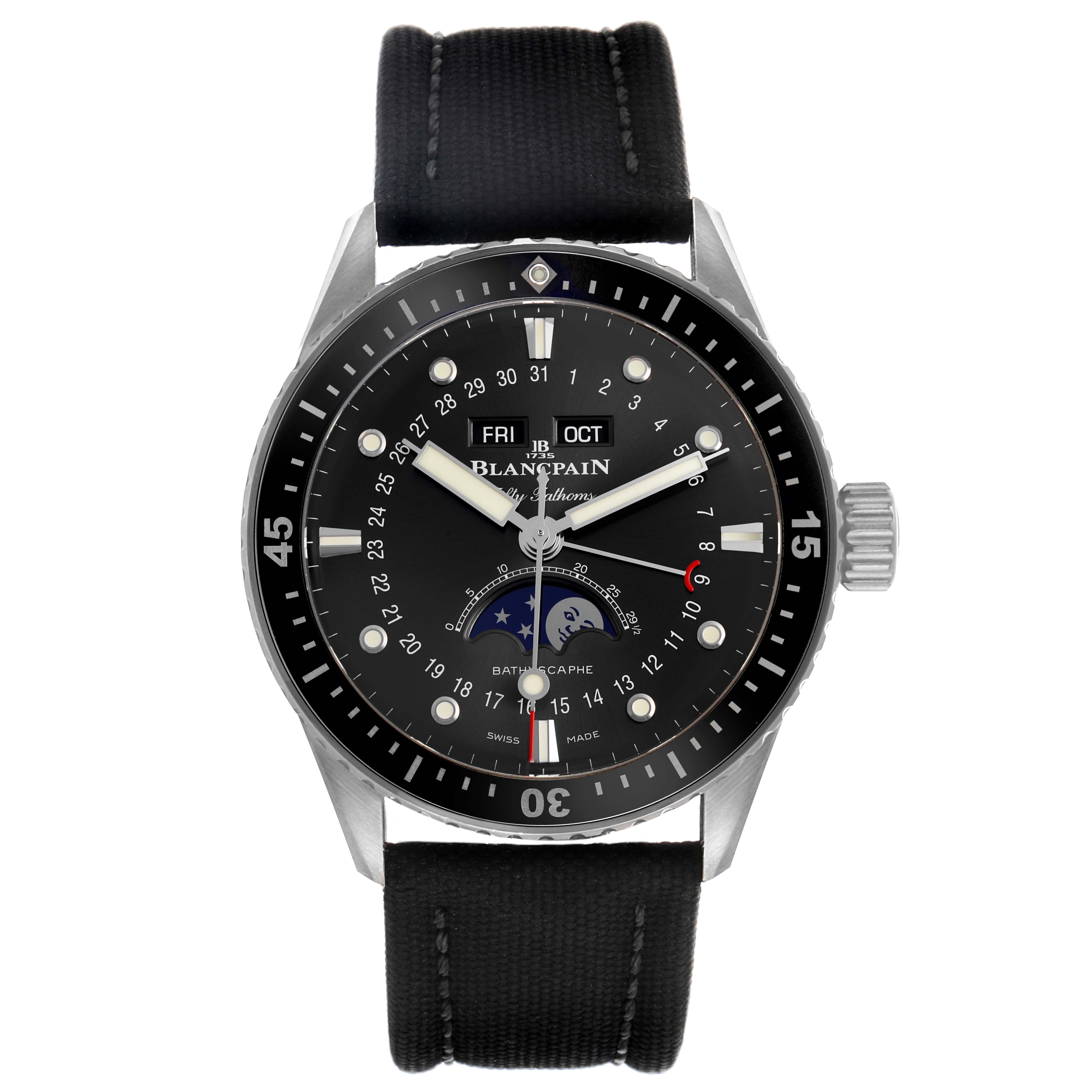 The Blancpain Fifty Fathoms 5054 1110 B52A Men's Stainless Steel Grey Dial watch is shown from a front angle, displaying the dial, bezel, and strap clearly.
