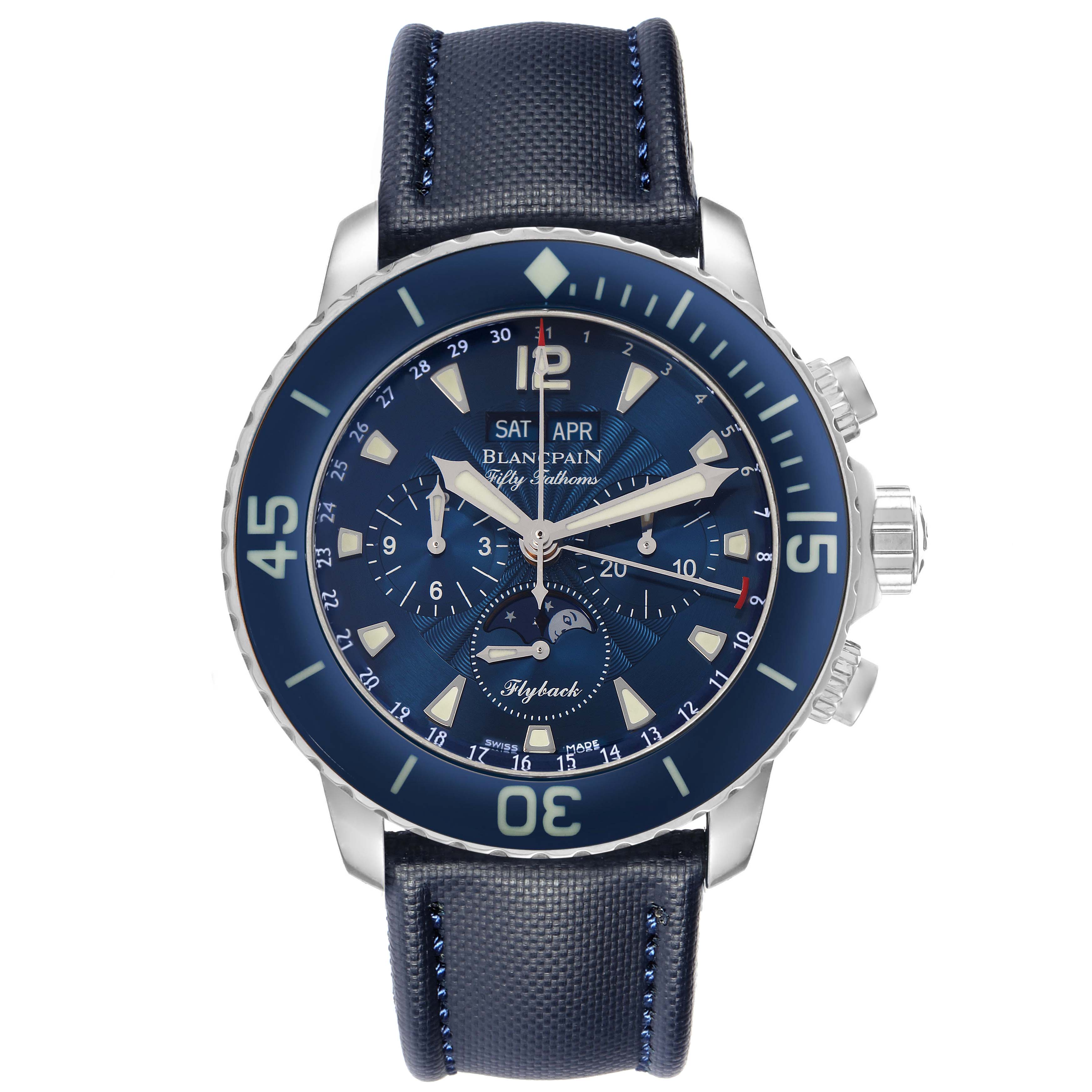 The image shows a front view of a Blancpain Fifty Fathoms model 5066F-1140-52B men's watch, emphasizing its dial, bezel, and leather strap.
