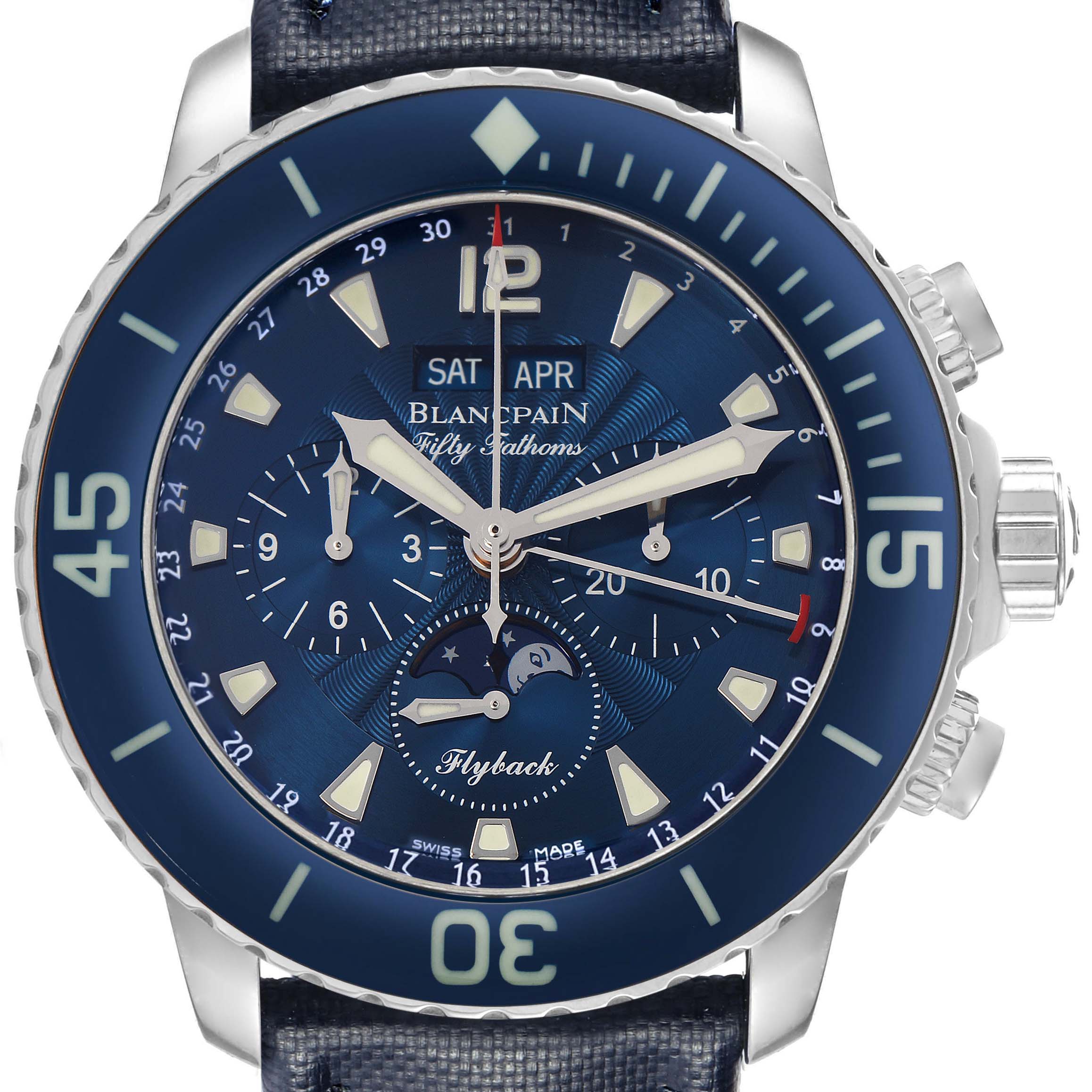 The Blancpain Fifty Fathoms model 5066F-1140-52B is shown from a frontal angle, highlighting its blue dial, bezel, and chronograph features.