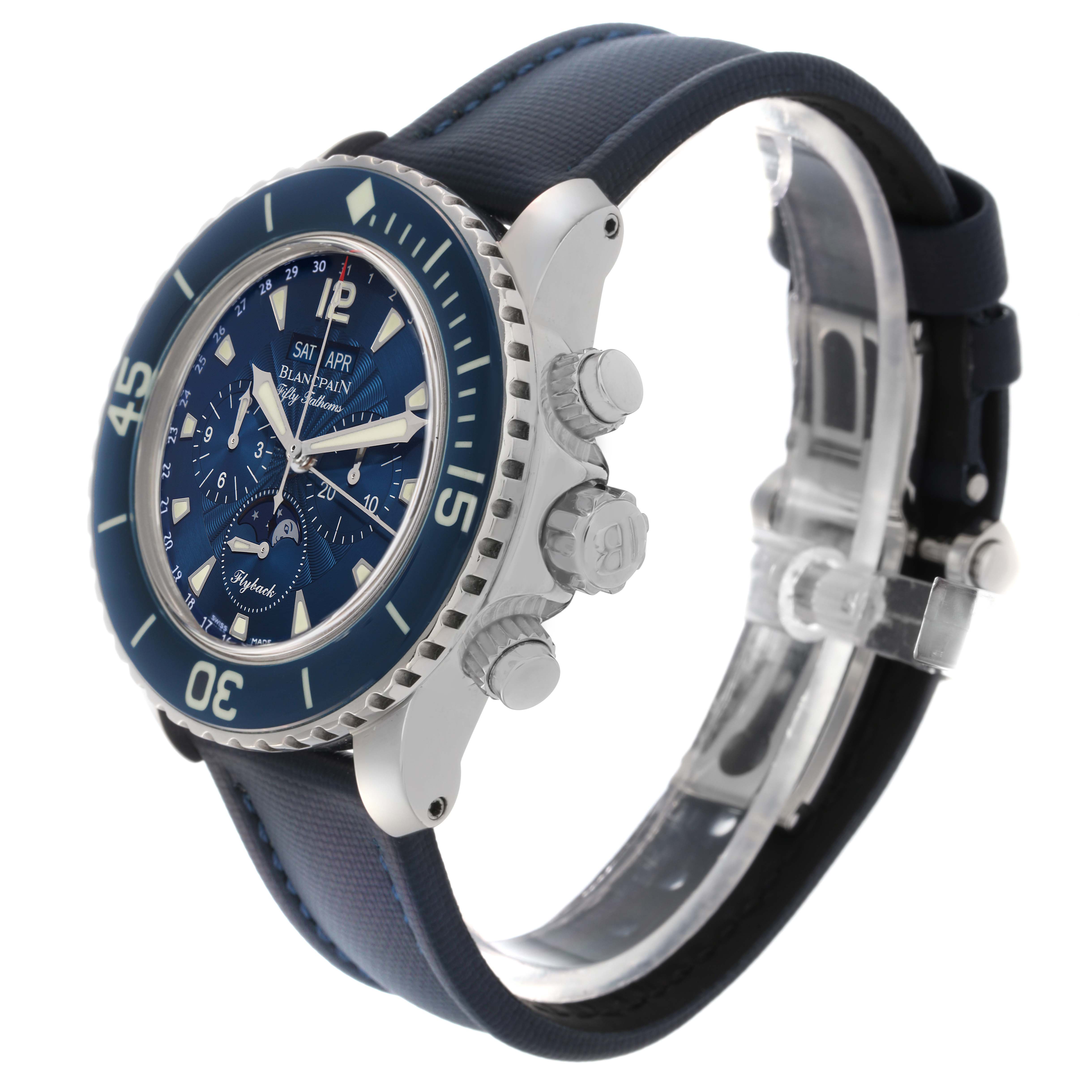 The image shows a Blancpain Fifty Fathoms model 5066F-1140-52B, displayed at a three-quarter angle highlighting the face, bezel, crown, and strap.