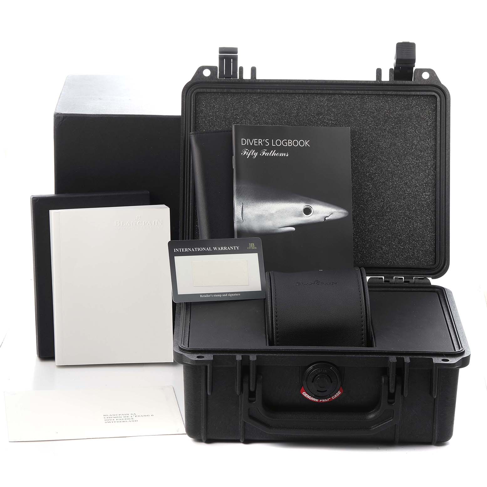 The image shows the packaging and accessories for the Blancpain Fifty Fathoms model 5066F-1140-52B, including a diver's logbook, warranty card, and protective case.