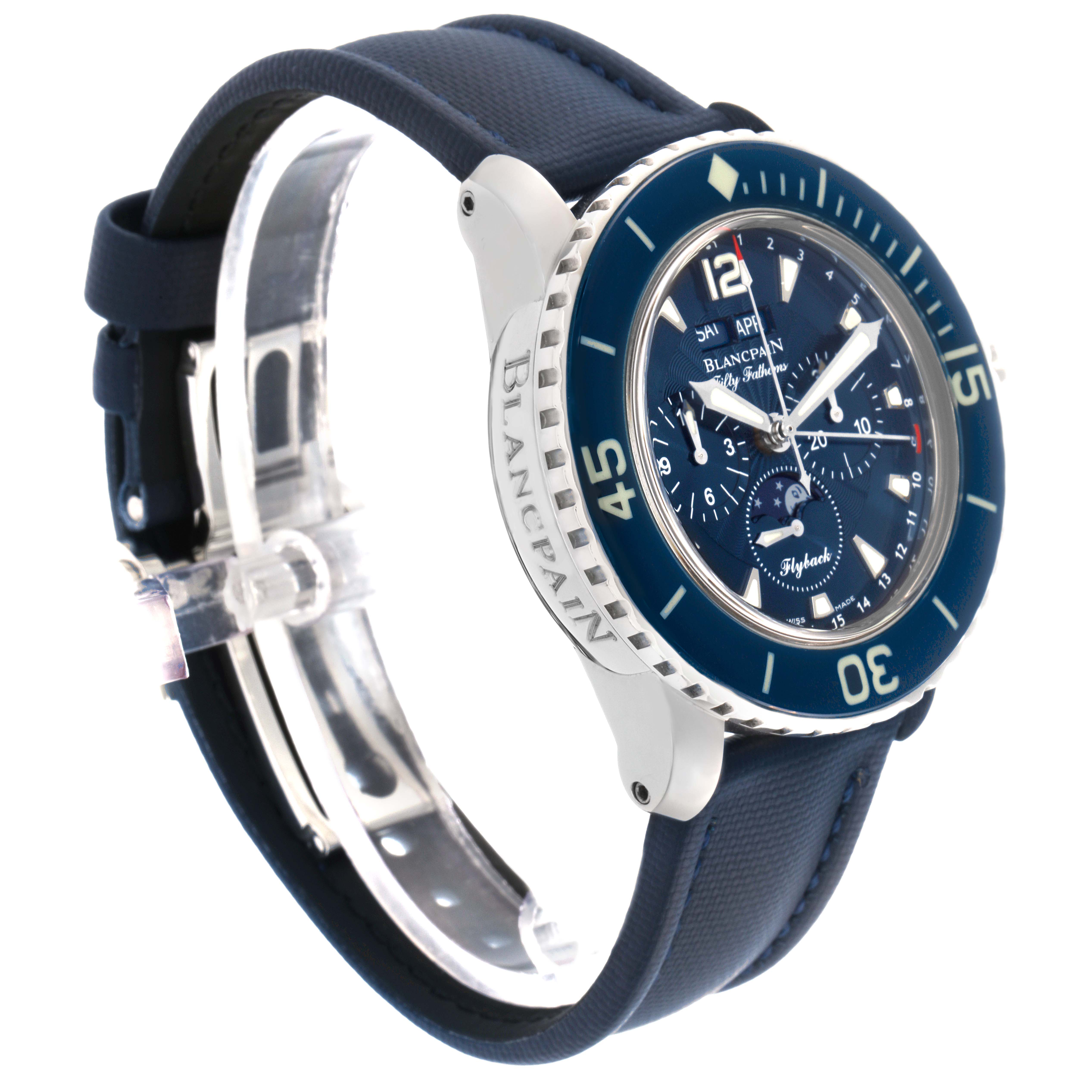 The Blancpain Fifty Fathoms model 5066F-1140-52B watch is shown at an angled side view, highlighting the bezel, dial, and strap.