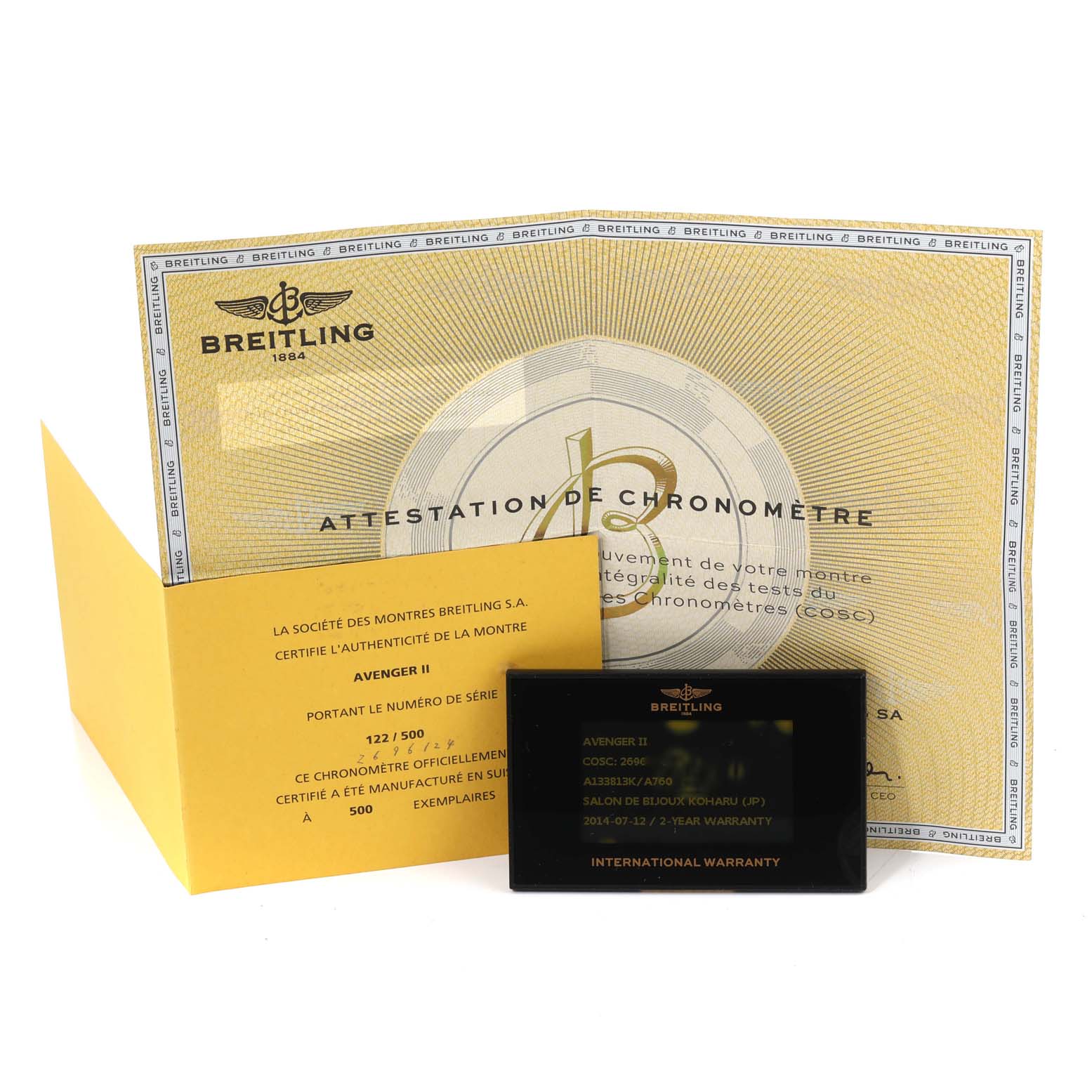 This image shows the certificate and international warranty card for the Breitling Avenger A13381 Men's Stainless Steel White Dial A13381 Men's Stainless Steel White Dial II Limited Series model.