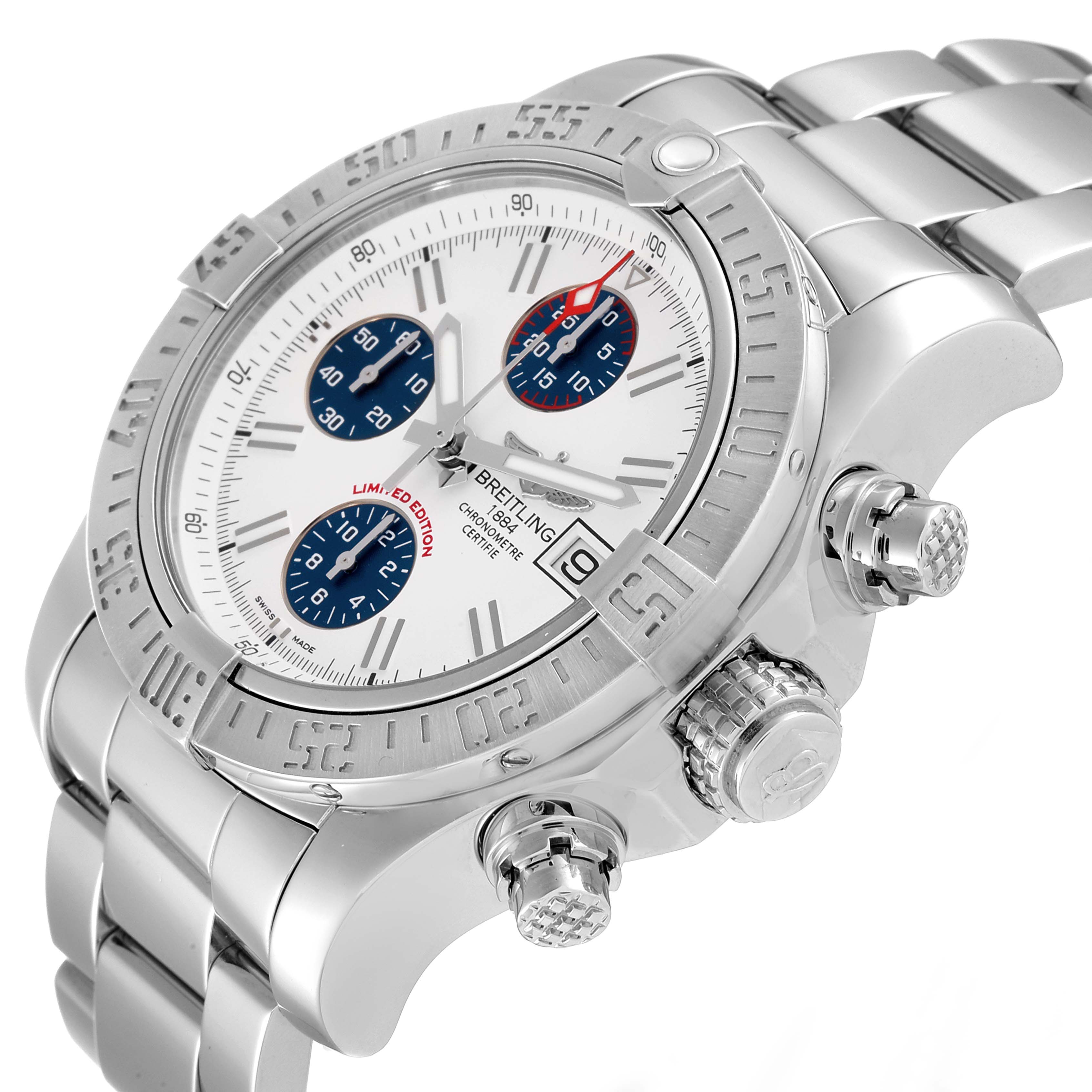 The image shows a side angle of the Breitling Limited Series watch, highlighting its bezel, dial, chronograph sub-dials, pushers, and bracelet.