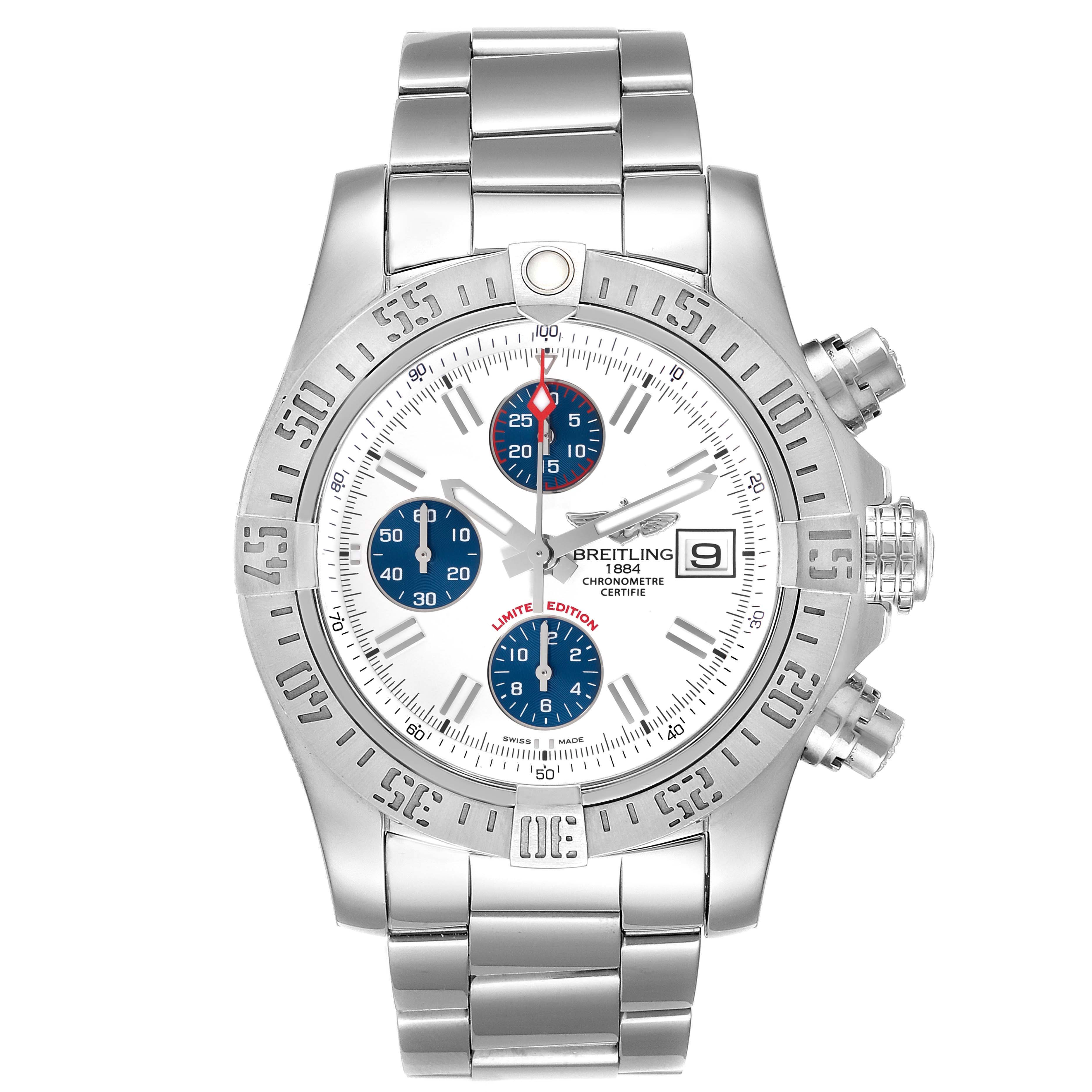 The image shows a front view of the Breitling Limited Series watch, featuring a silver bracelet and a white dial with blue subdials.