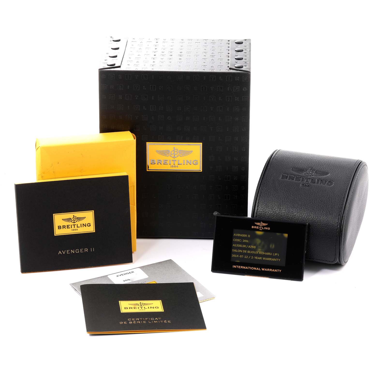 The image displays the Breitling Avenger A13381 Men's Stainless Steel White Dial A13381 Men's Stainless Steel White Dial II Limited Series watch box, documentation, and warranty card from a front angle.