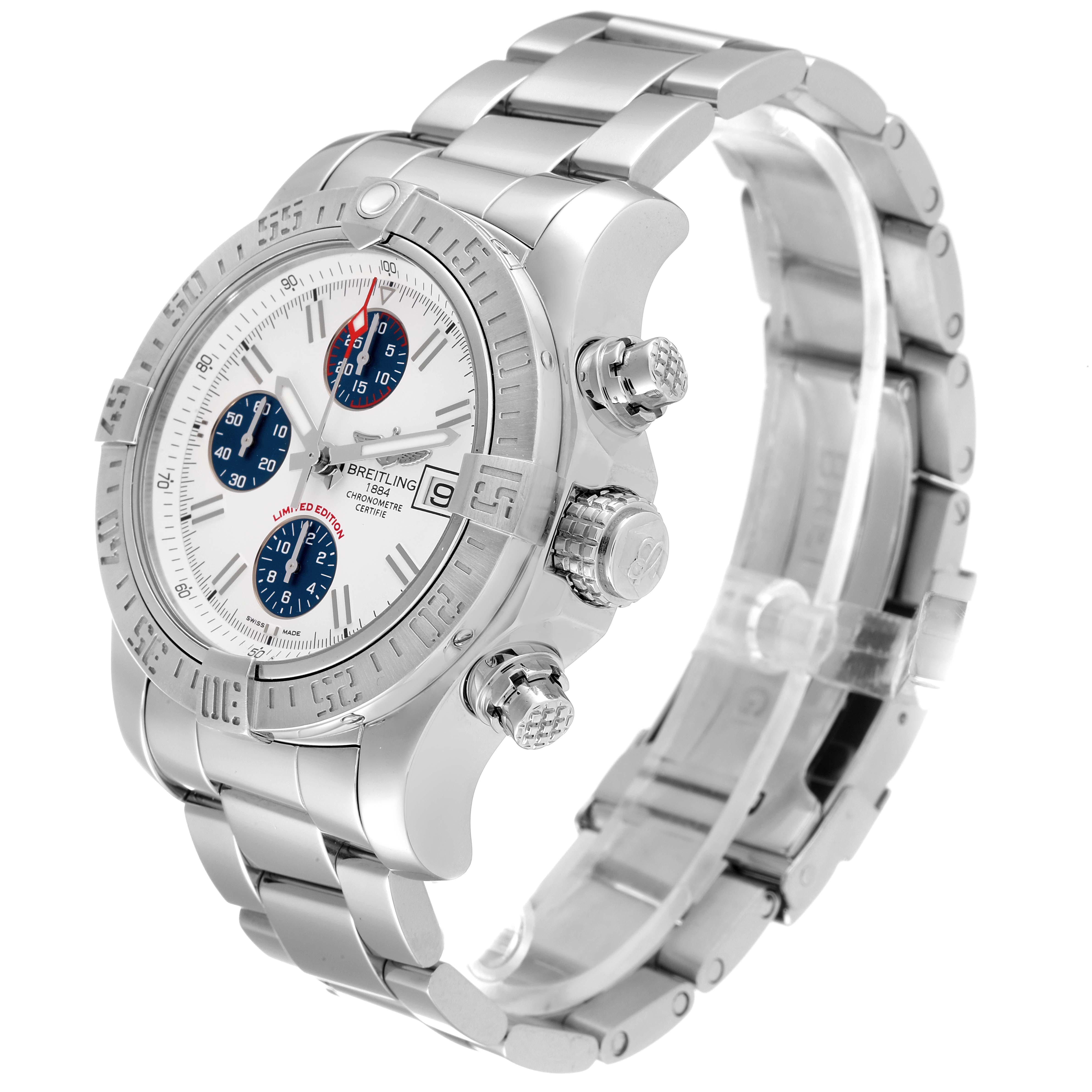 The Breitling Limited Series watch is shown at a three-quarter angle, highlighting the face, bezel, buttons, and metal bracelet.