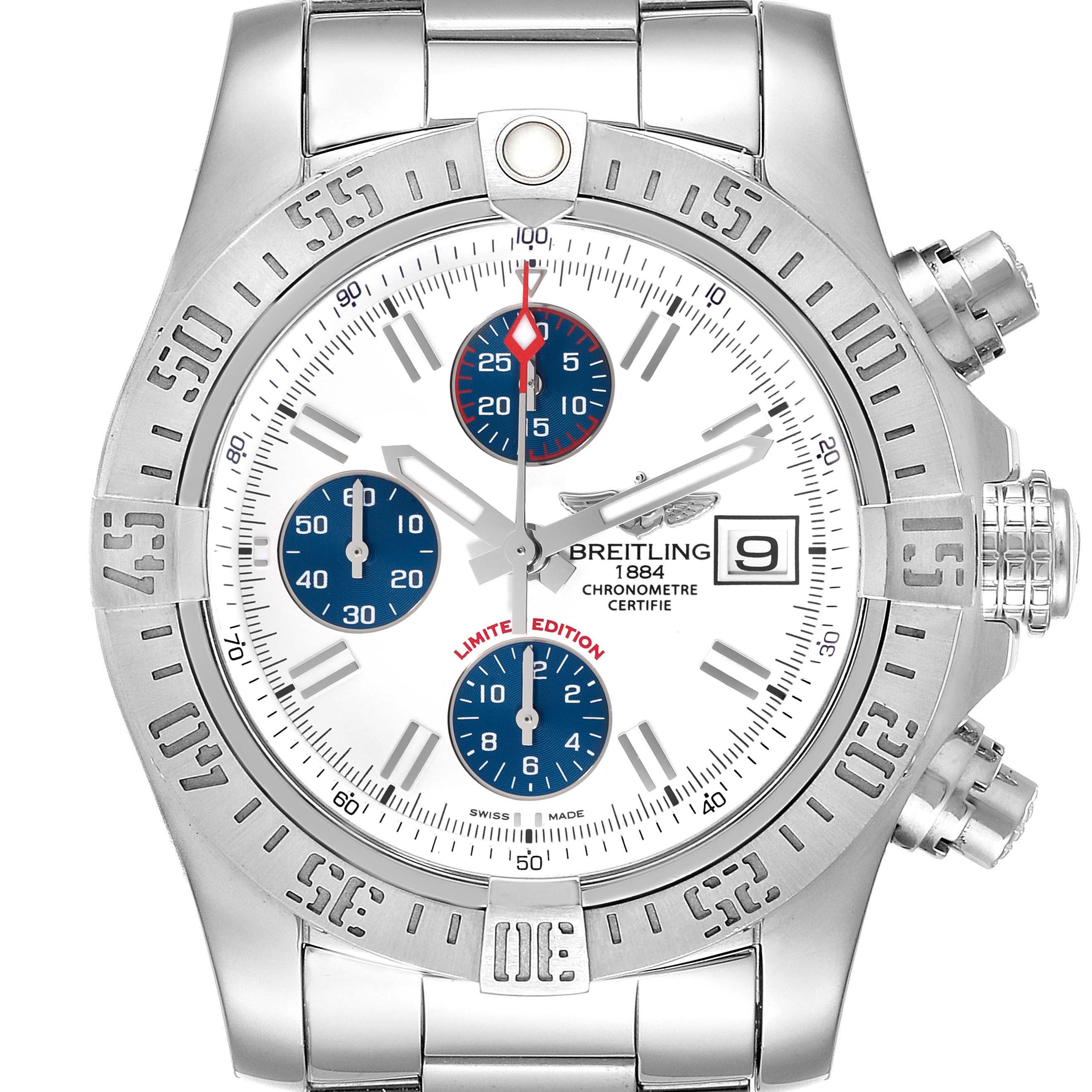 This image shows a front view of the Breitling Avenger A13381 Men's Stainless Steel White Dial A13381 Men's Stainless Steel White Dial watch, displaying its buttons, dials, and date window.