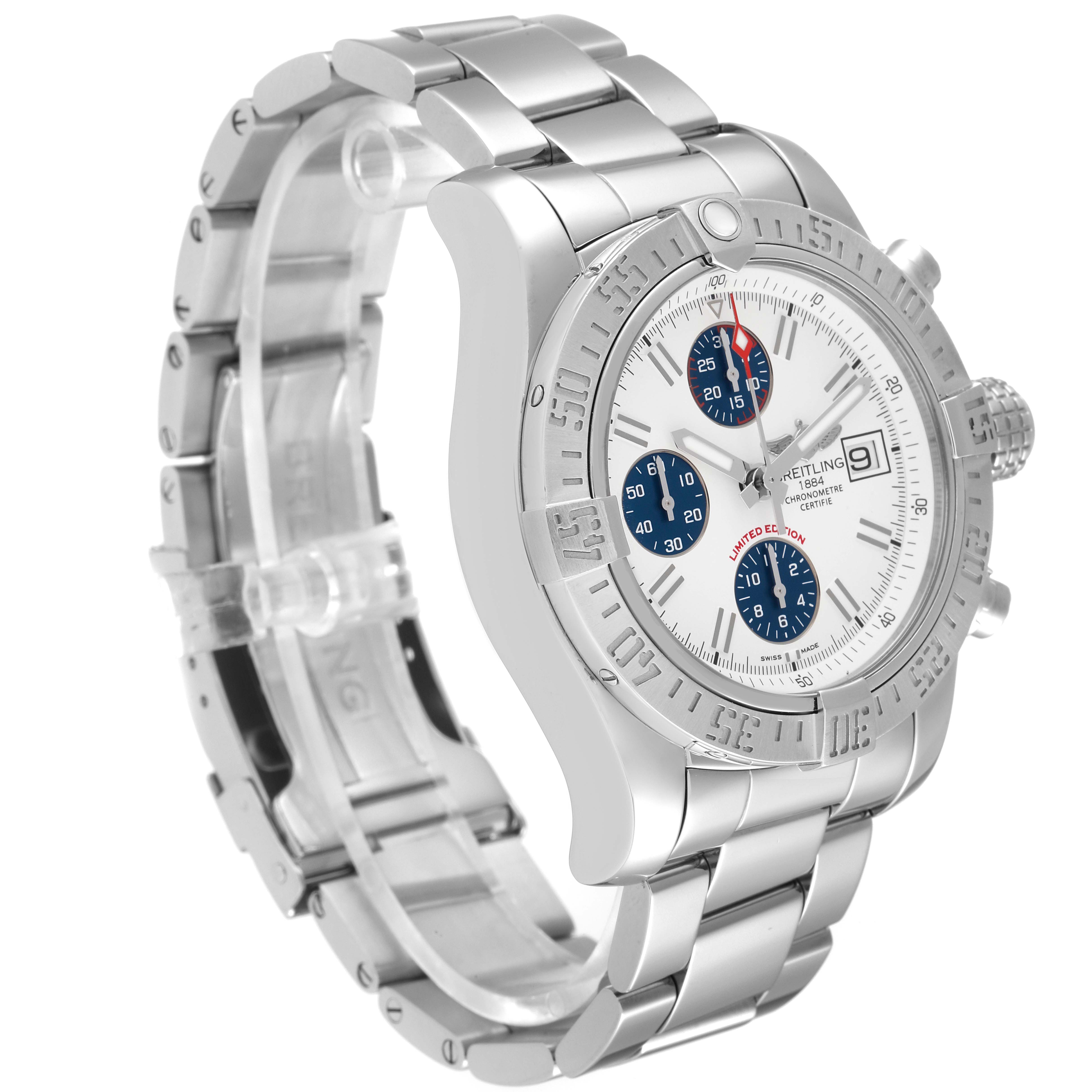 This image shows a side view of the Breitling Limited Series watch, focusing on the band, dial, bezel, and crown.