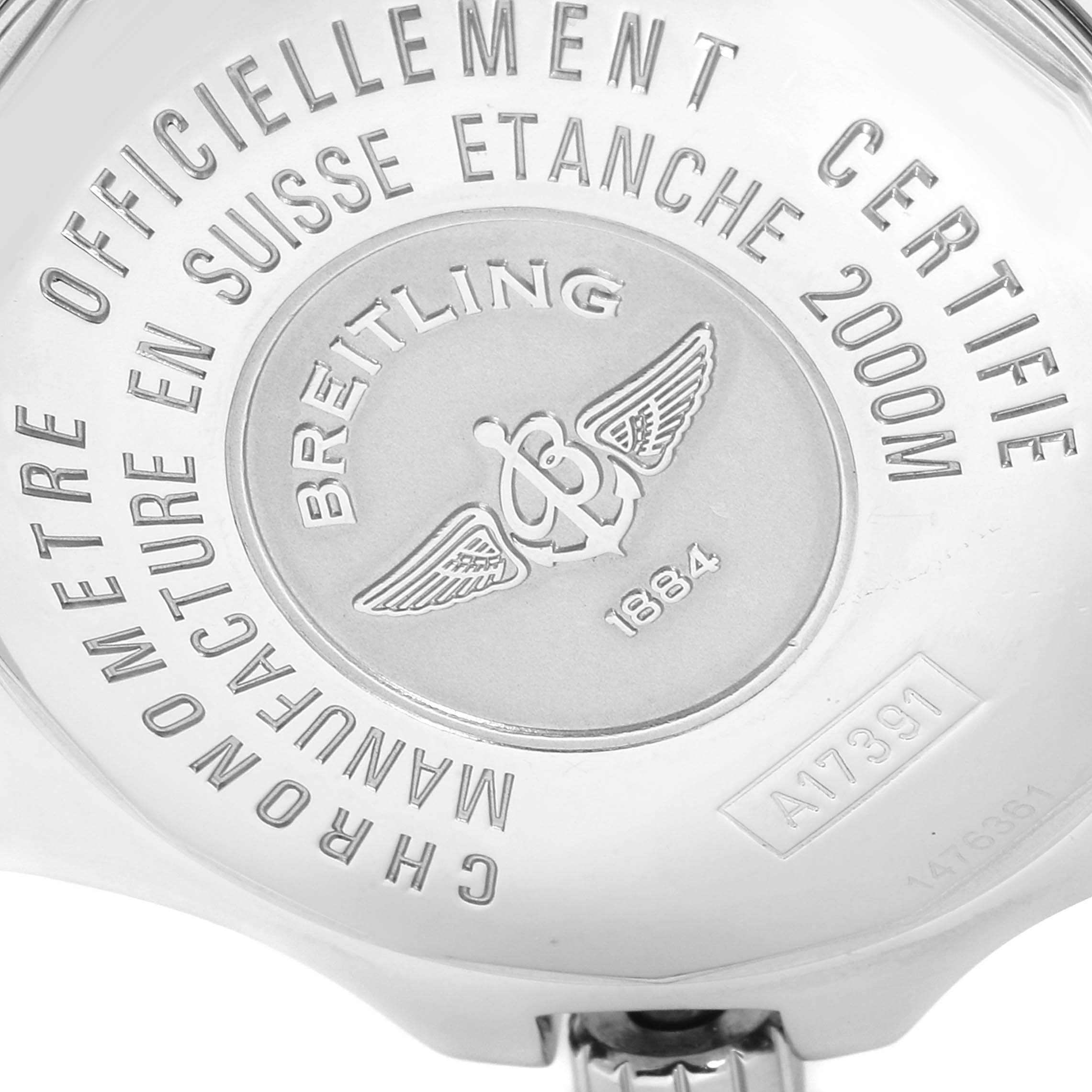 The image shows the engraved back case of the Breitling Superocean A17391 Men's Stainless Steel Black Dial A17391 Men's Stainless Steel Black Dial watch, highlighting certification and model information.