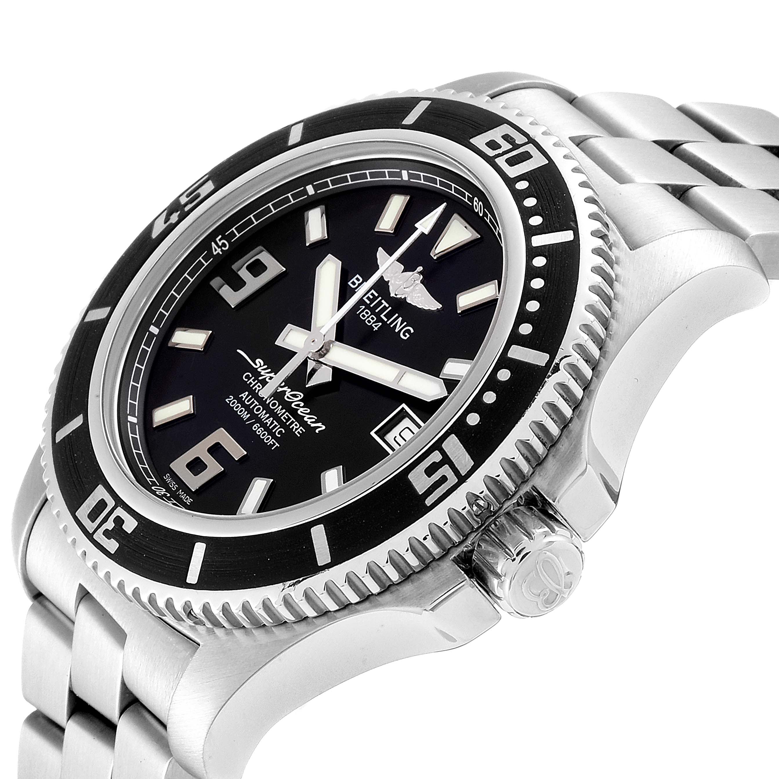The image shows a Breitling Superocean A17391 Men's Stainless Steel Black Dial A17391 Men's Stainless Steel Black Dial watch at an angled close-up, featuring the bezel, dial, crown, and bracelet.