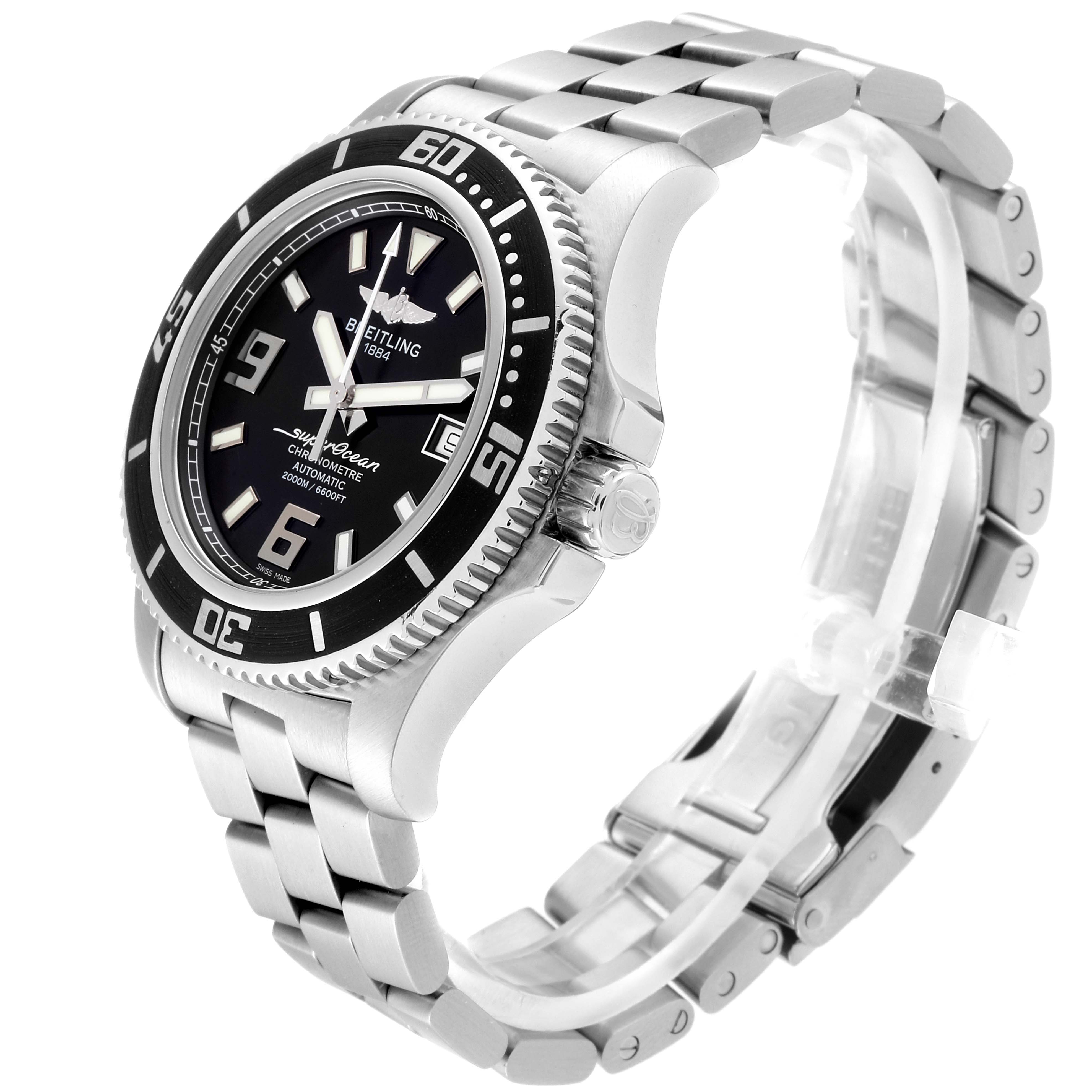This Breitling Superocean A17391 Men's Stainless Steel Black Dial A17391 Men's Stainless Steel Black Dial model watch is shown at a slightly angled view, displaying the bezel, dial, crown, and metal bracelet.