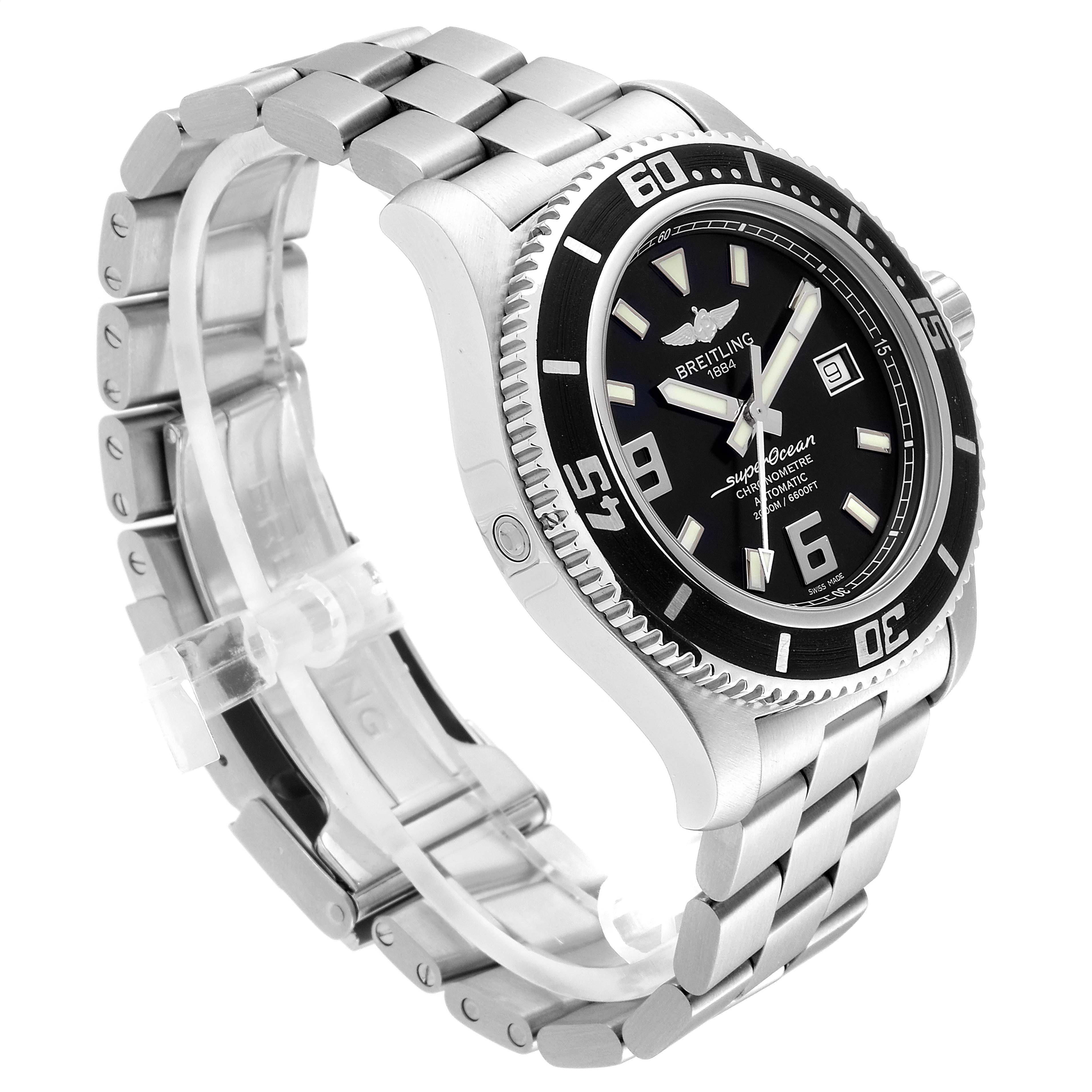This Breitling Superocean A17391 Men's Stainless Steel Black Dial A17391 Men's Stainless Steel Black Dial watch is shown from an angled side view, displaying its face, bezel, and metal bracelet.