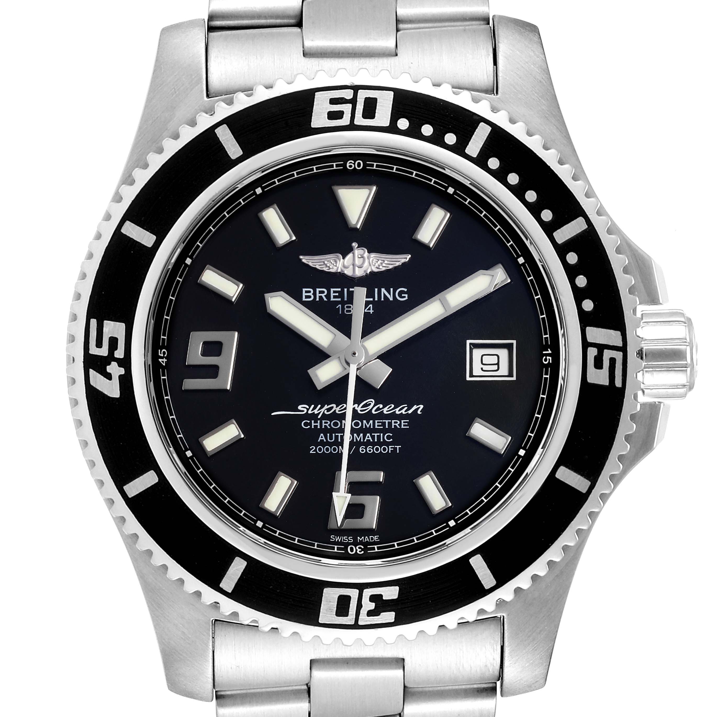 The Breitling Superocean A17391 Men's Stainless Steel Black Dial A17391 Men's Stainless Steel Black Dial watch is shown from a front angle, displaying the face, bezel, and part of the stainless steel bracelet.