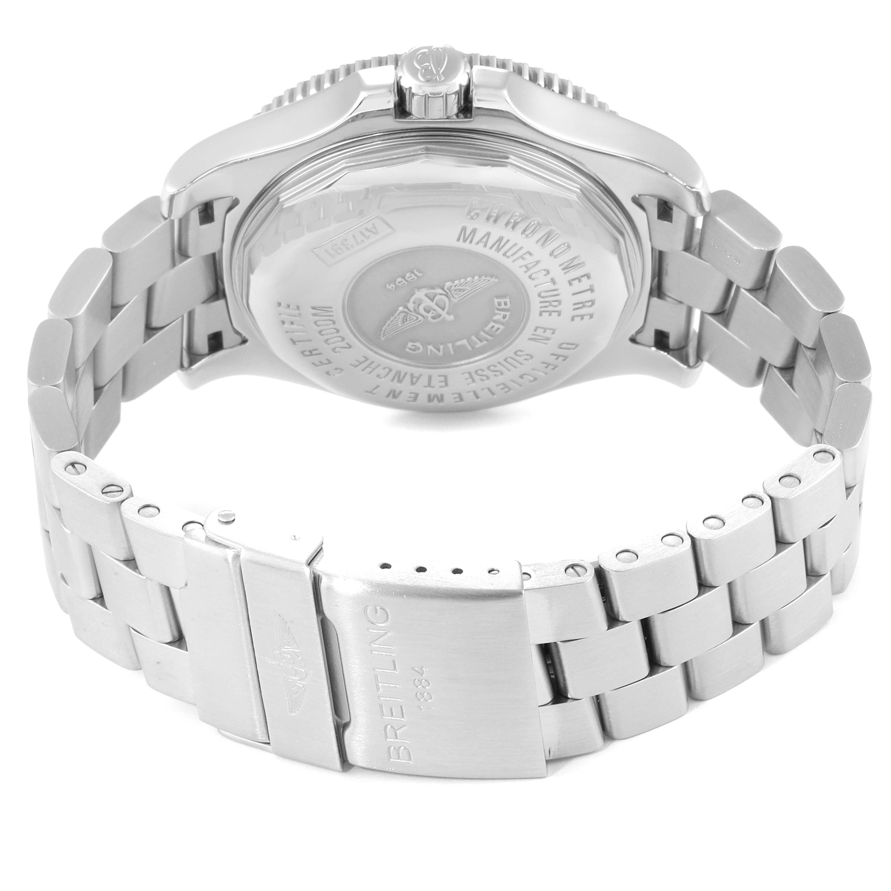 This image shows the back and bracelet of a Breitling Superocean A17391 Men's Stainless Steel Black Dial A17391 Men's Stainless Steel Black Dial watch from a rear-side angle.
