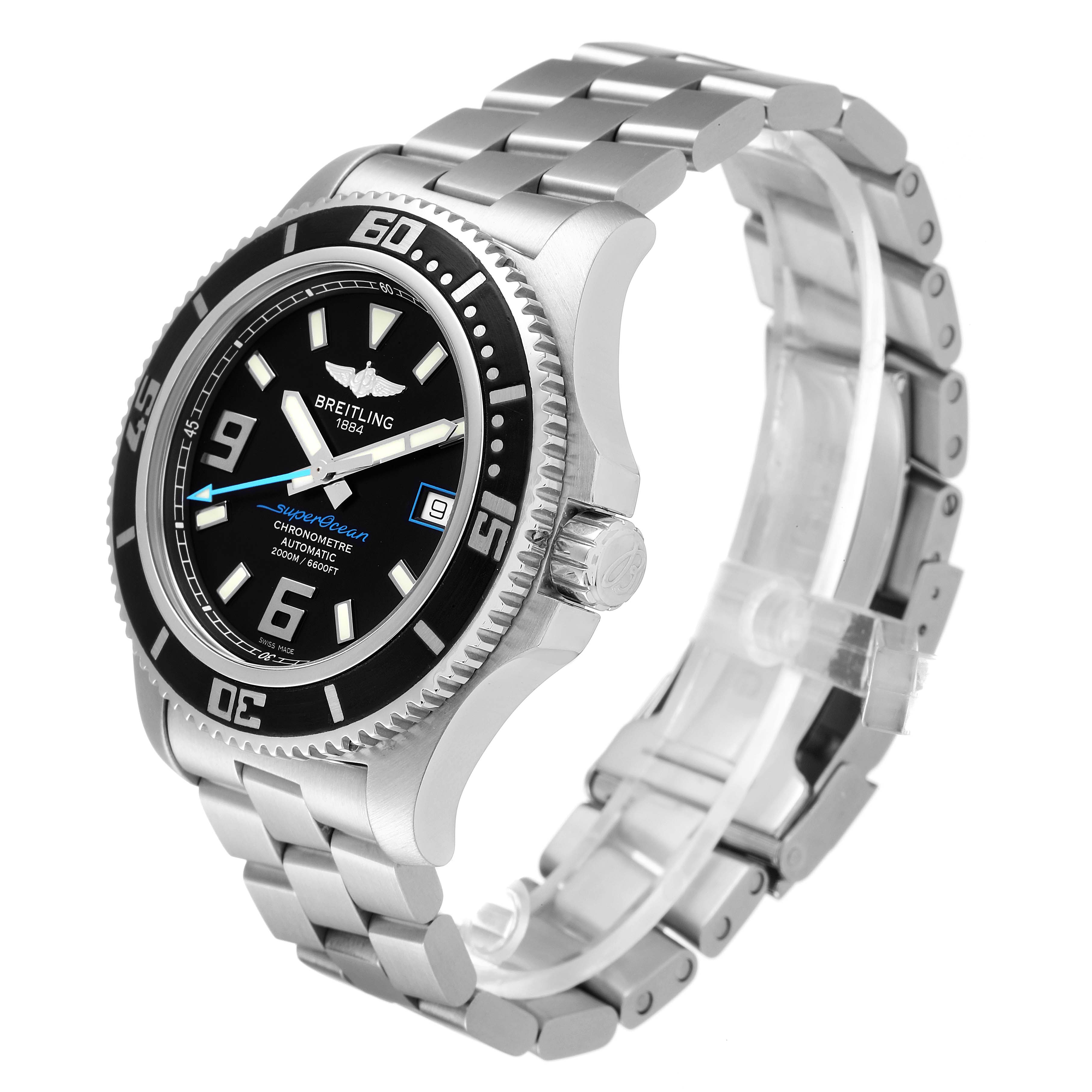 The Breitling Superocean A17391 Men
s Stainless Steel Black Dial A17391 Men
s Stainless Steel Black Dial watch is shown at a three-quarter angle, displaying the face, bezel, crown, and metal bracelet.