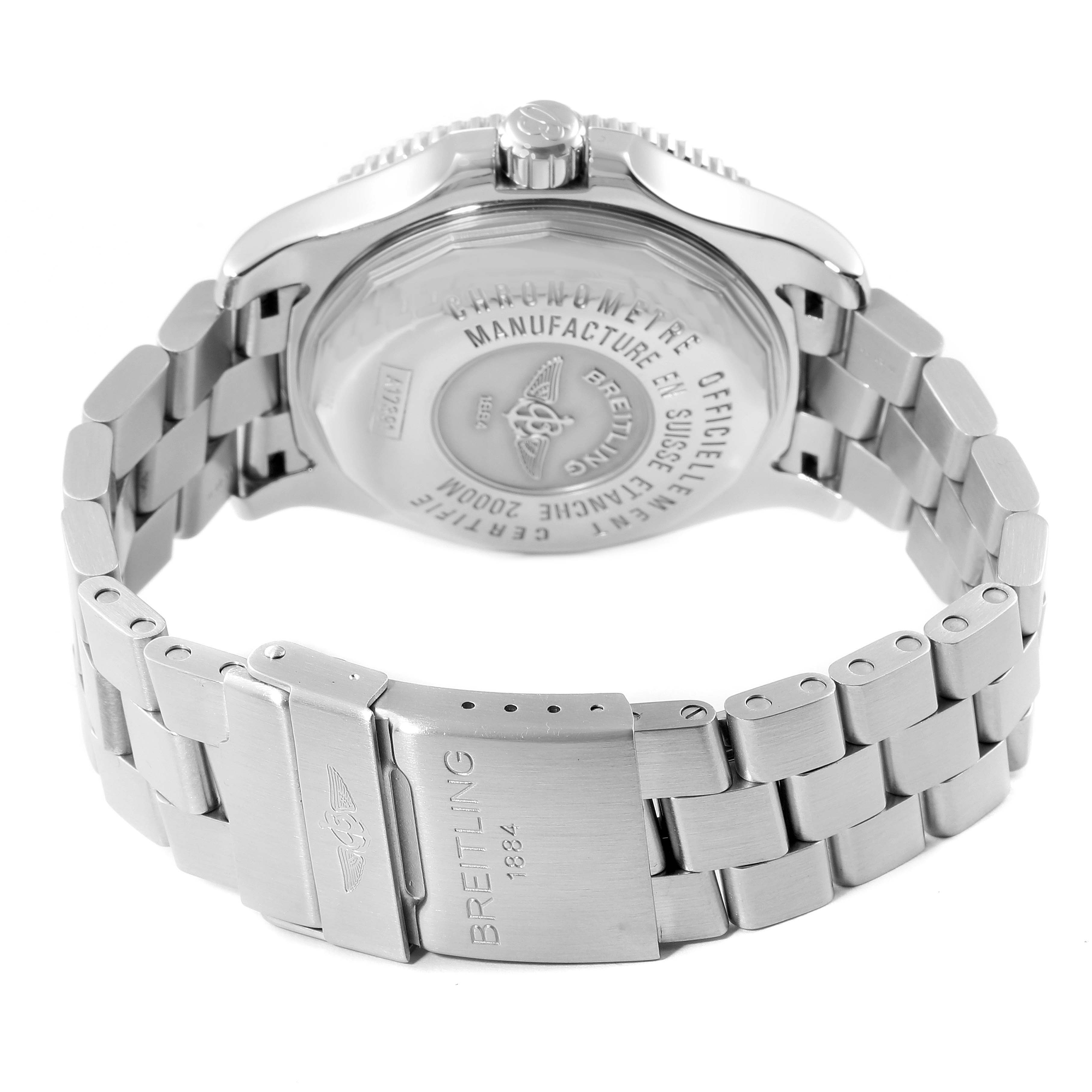 The image shows the back view of a Breitling Superocean A17391 Men
s Stainless Steel Black Dial A17391 Men
s Stainless Steel Black Dial watch, highlighting its case back and stainless steel bracelet.