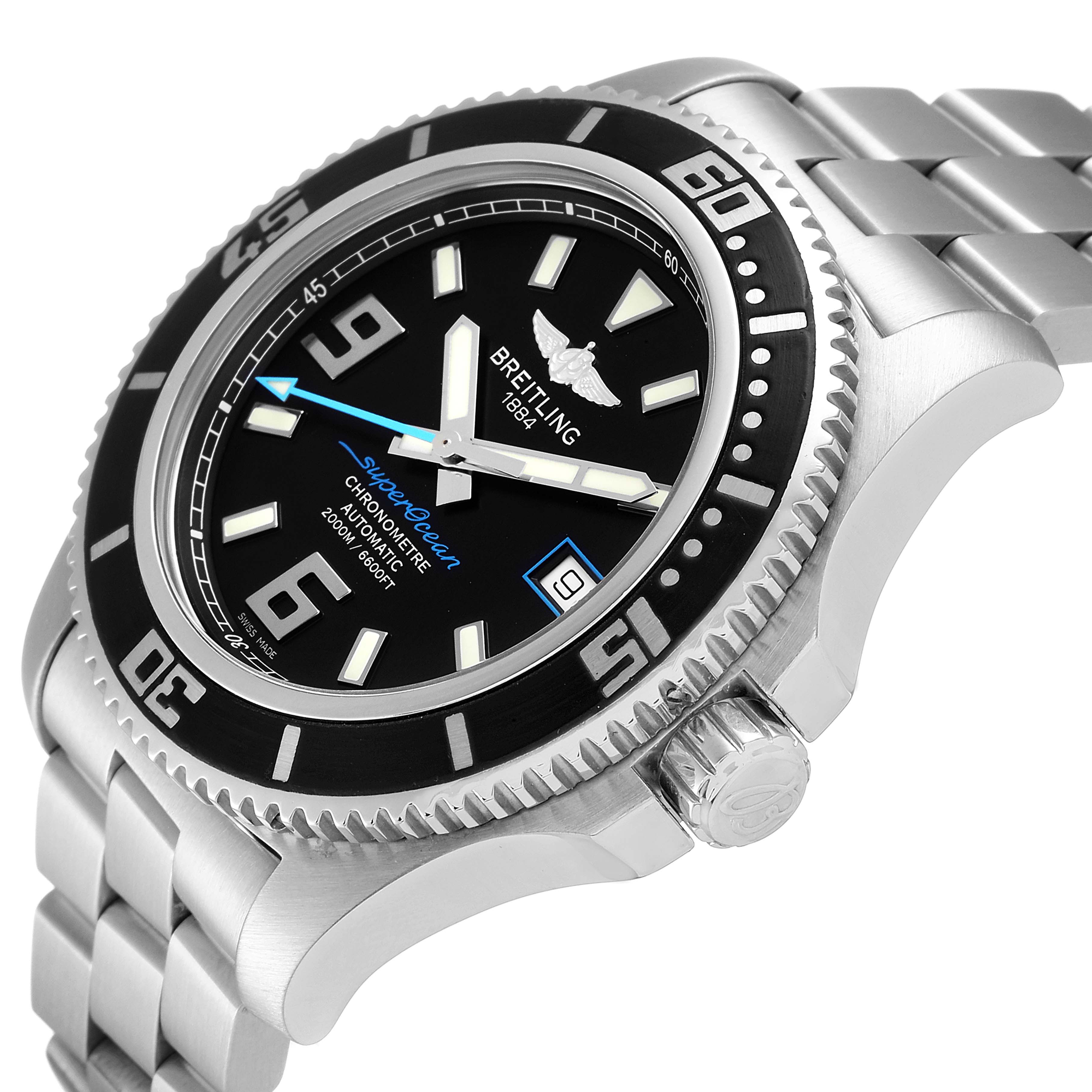 The image shows the Breitling Superocean A17391 Men
s Stainless Steel Black Dial A17391 Men
s Stainless Steel Black Dial watch at a three-quarter angle, highlighting the bezel, dial, hands, crown, and bracelet.
