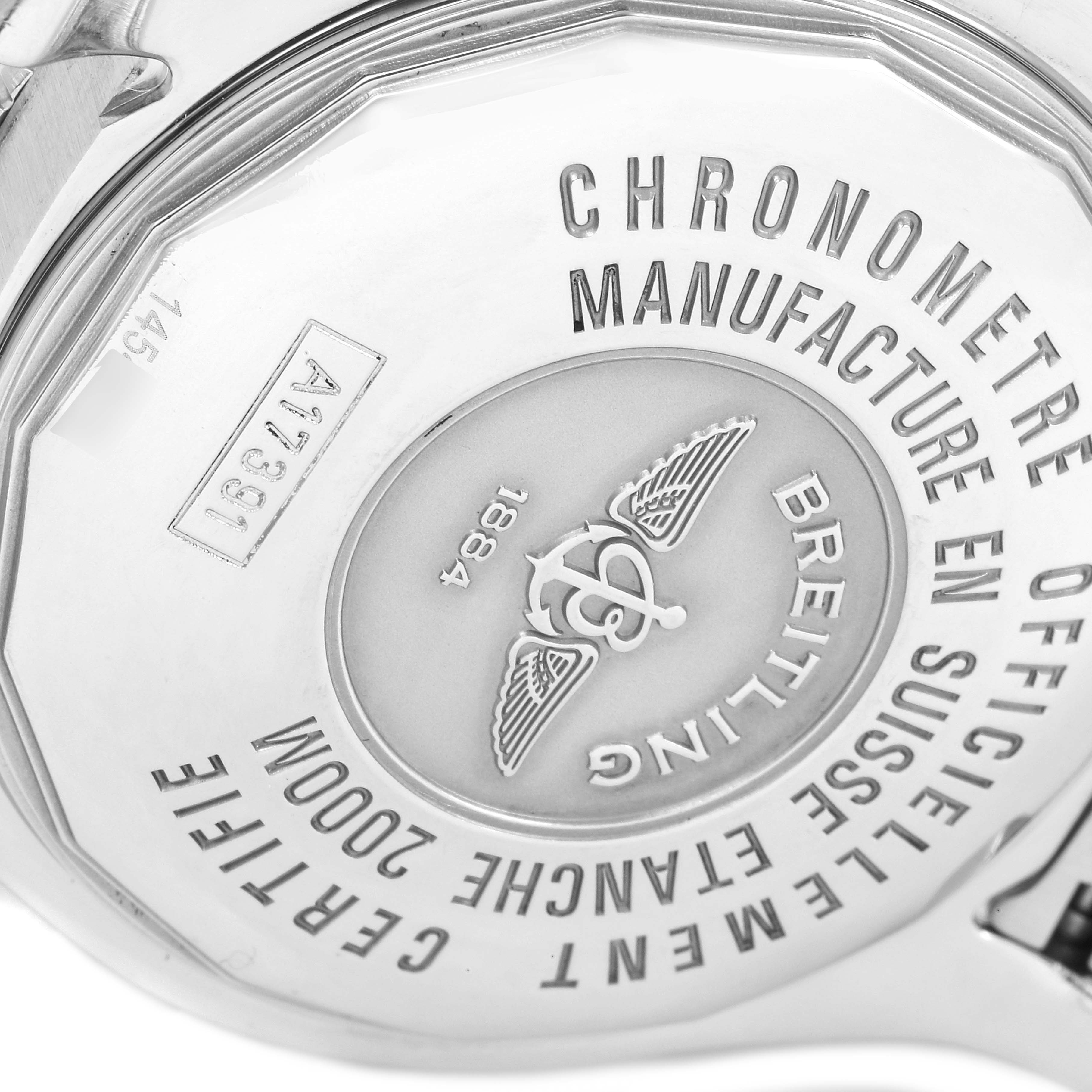 This image shows the back of a Breitling Superocean A17391 Men
s Stainless Steel Black Dial A17391 Men
s Stainless Steel Black Dial watch, highlighting engravings and the brand logo.