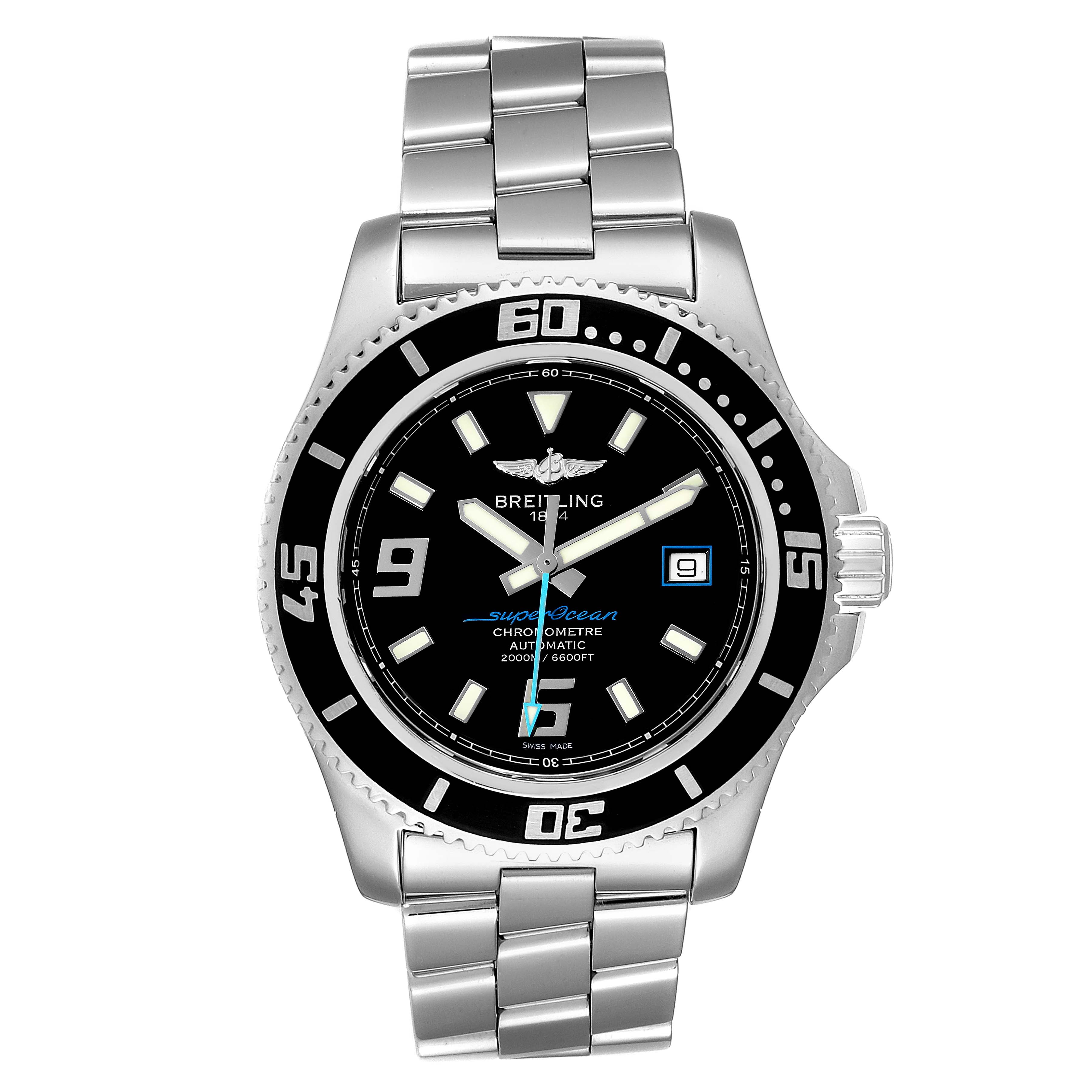 This image shows a front view of the Breitling Superocean A17391 Men
s Stainless Steel Black Dial A17391 Men
s Stainless Steel Black Dial watch, highlighting its dial, bezel, and metal bracelet.
