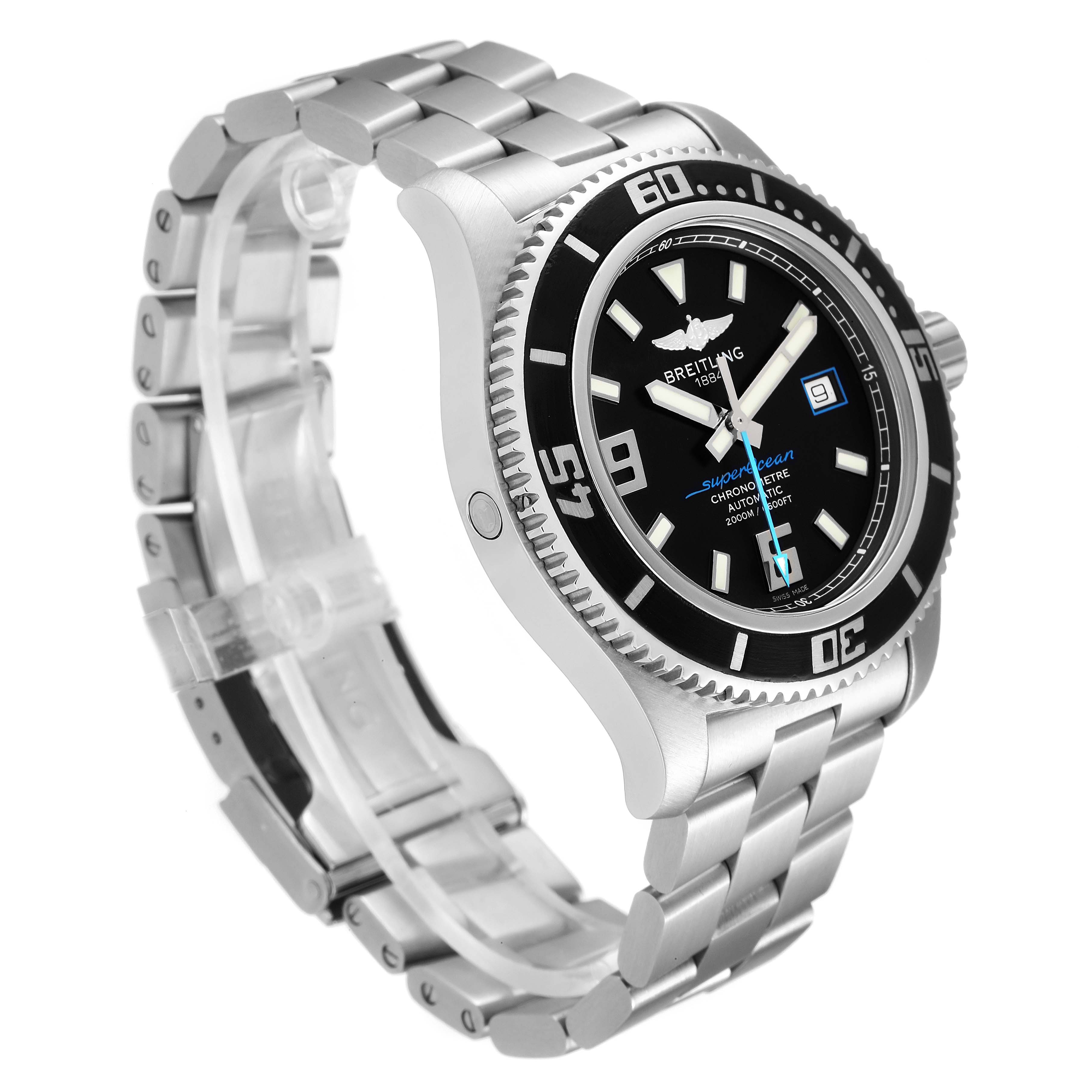 The image shows a Breitling Superocean A17391 Men
s Stainless Steel Black Dial A17391 Men
s Stainless Steel Black Dial watch at a three-quarter angle, highlighting the face, bezel, crown, and metal bracelet.