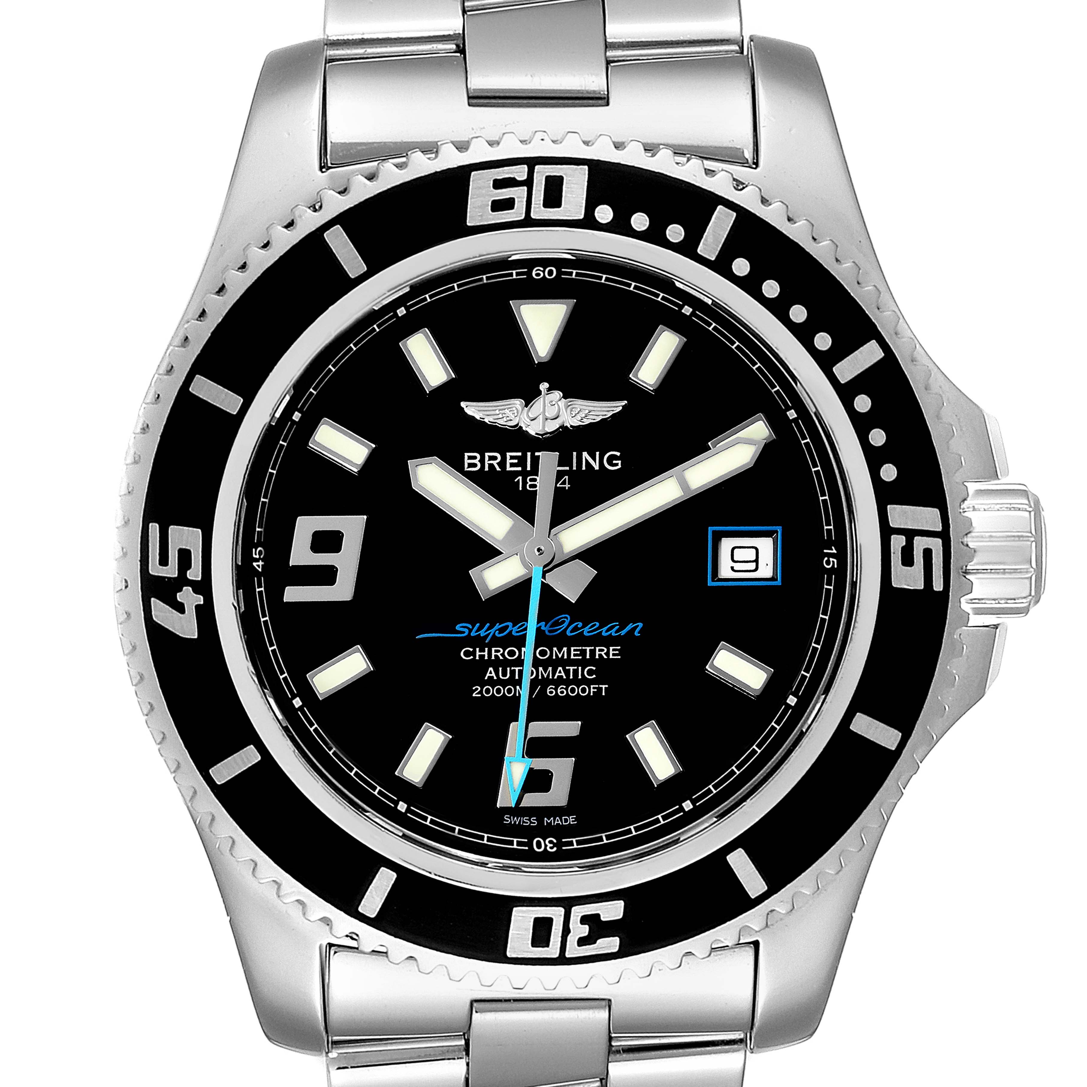 This image shows a front view of a Breitling Superocean A17391 Men
s Stainless Steel Black Dial A17391 Men
s Stainless Steel Black Dial watch, showcasing its dial, bezel, and part of its bracelet.