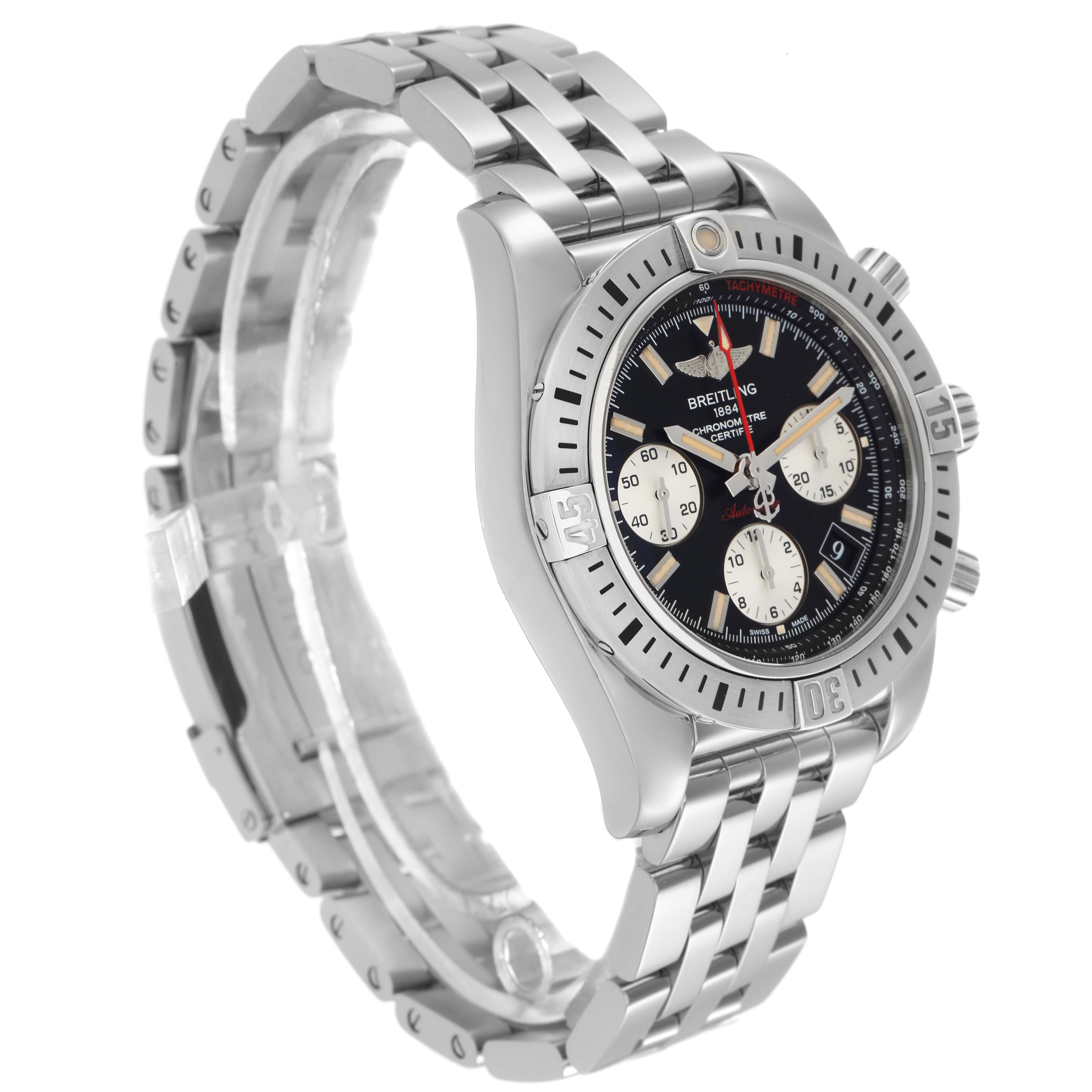 The image shows a Breitling Chronomat model AB0144 men's watch at a three-quarter angle, highlighting the dial, bezel, case, crown, and bracelet links.