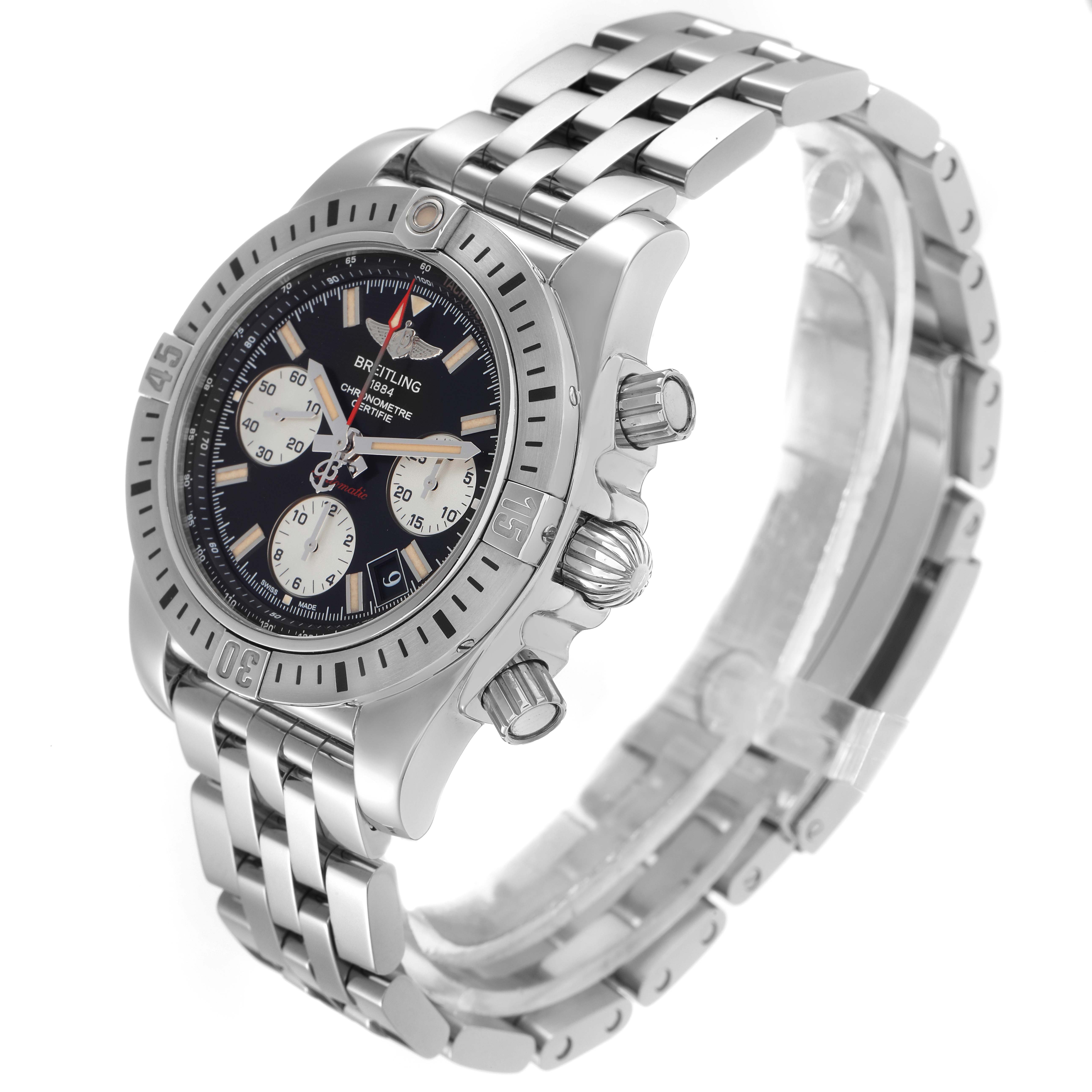 The image shows a side angle of the Breitling Chronomat AB0144 men's watch, highlighting the bezel, crown, pushers, dial, and metal bracelet.