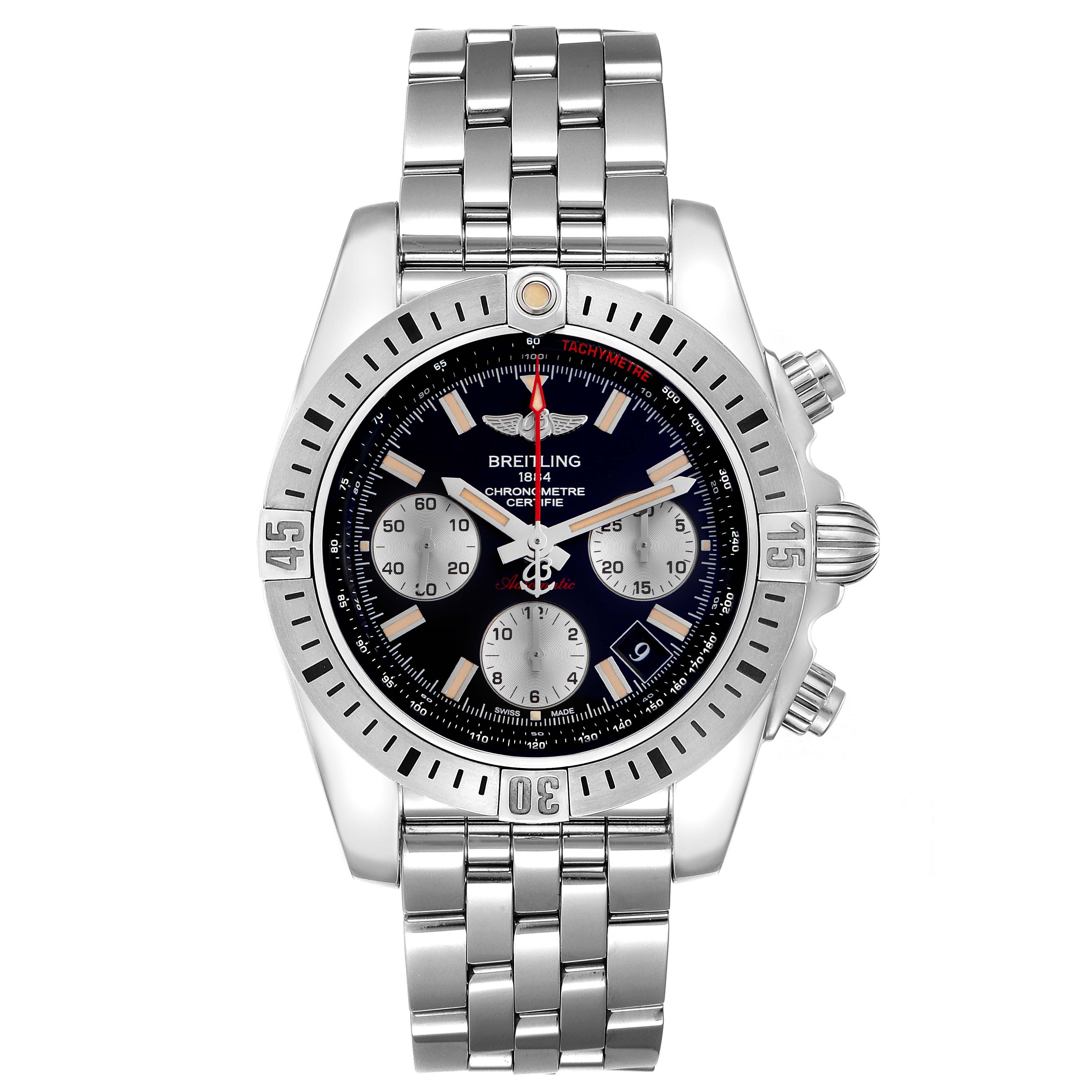 The Breitling Chronomat AB0144 men's watch is shown from a top-down angle, displaying its dial, bezel, and stainless steel bracelet.