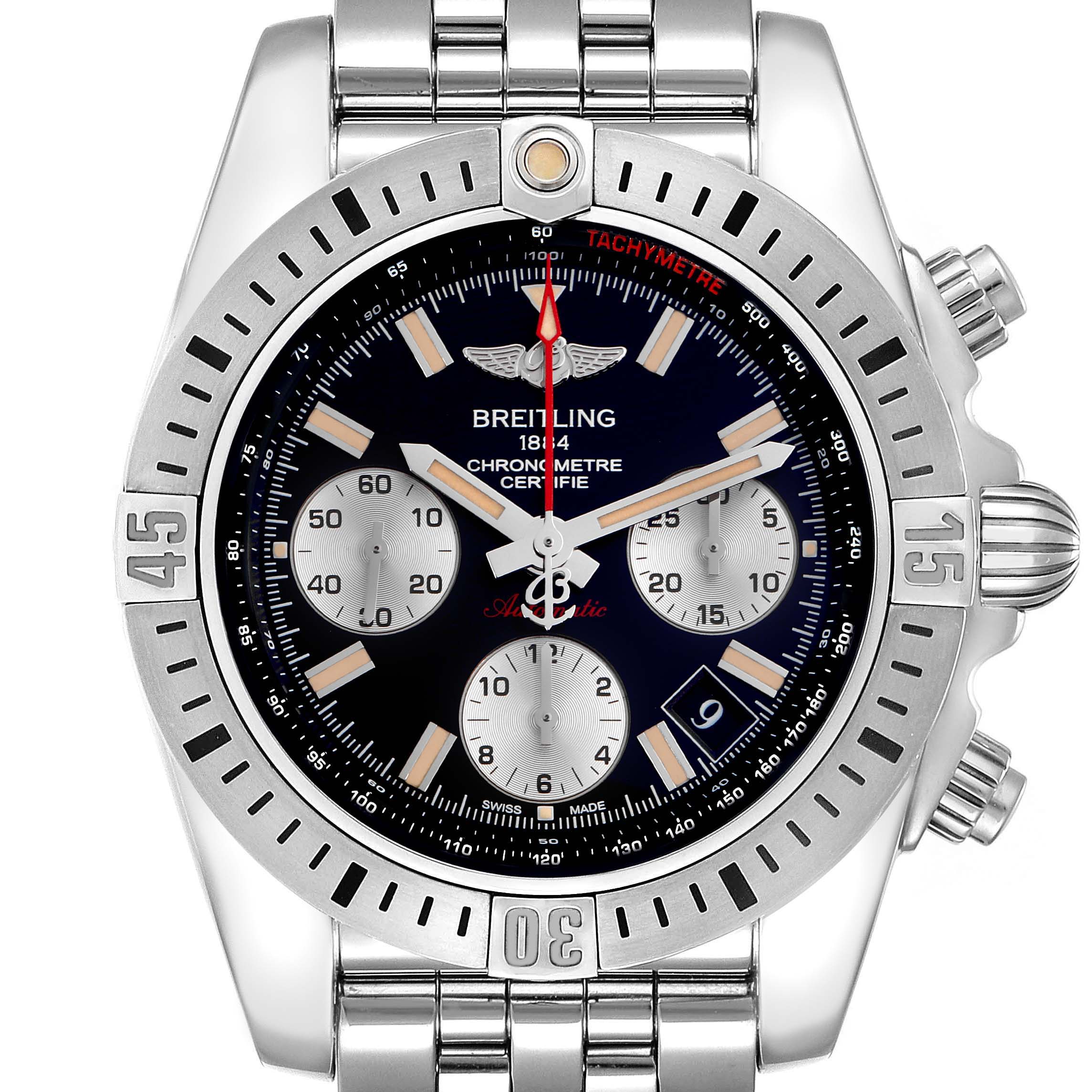 The Breitling Chronomat AB0144 men's watch is shown from the front, highlighting the dial, subdials, bezel, and stainless steel bracelet.
