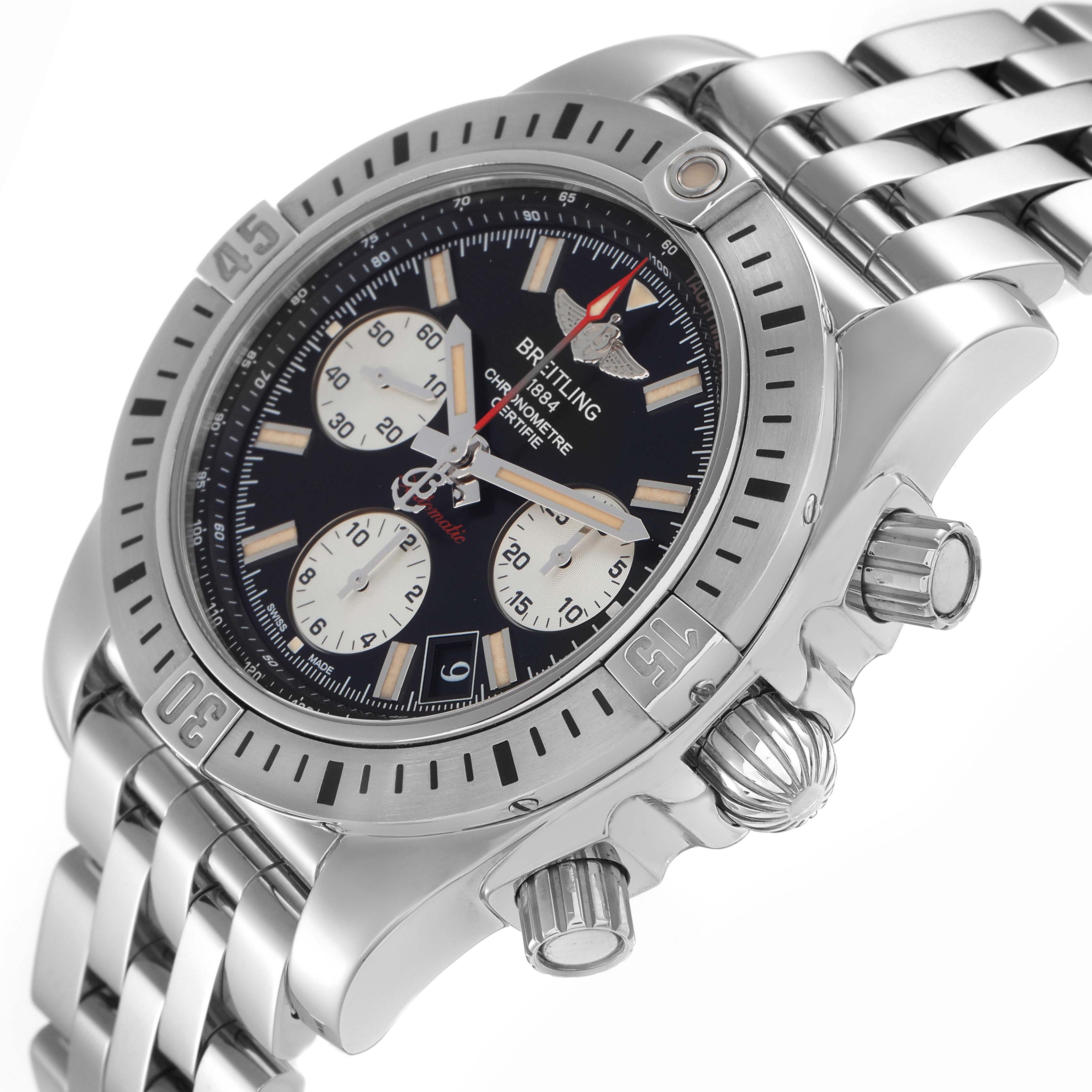 The Breitling Chronomat model AB0144 men's watch is shown at a slight angle, highlighting the case, dial, bezel, crown, and part of the bracelet.