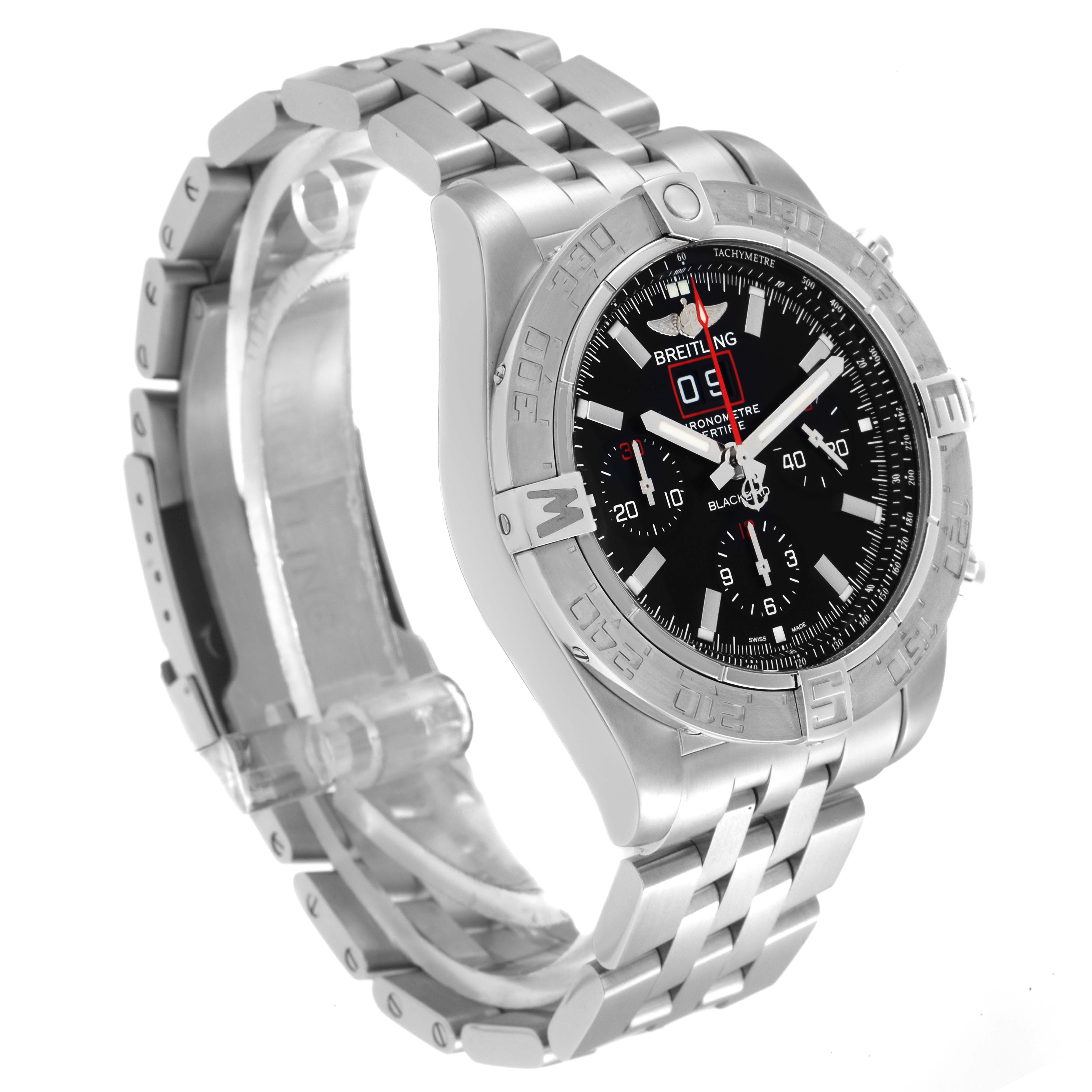 The image showcases a Breitling Chronomat A44360 men's watch, angled to highlight the watch face, bezel, and metal bracelet.