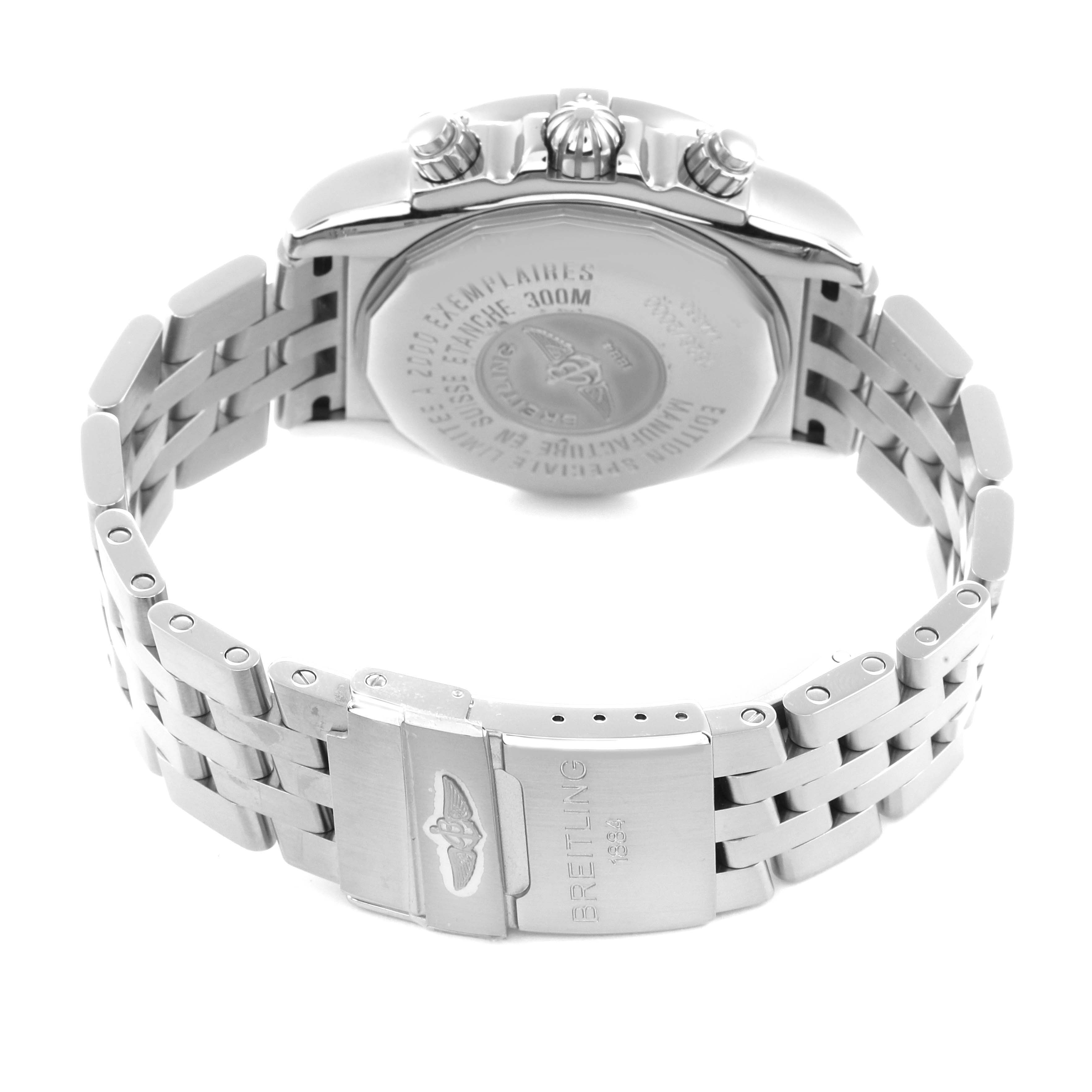 The image shows the back and side view of the Breitling Chronomat model A44360 men's watch, highlighting the clasp, bracelet, and case back.