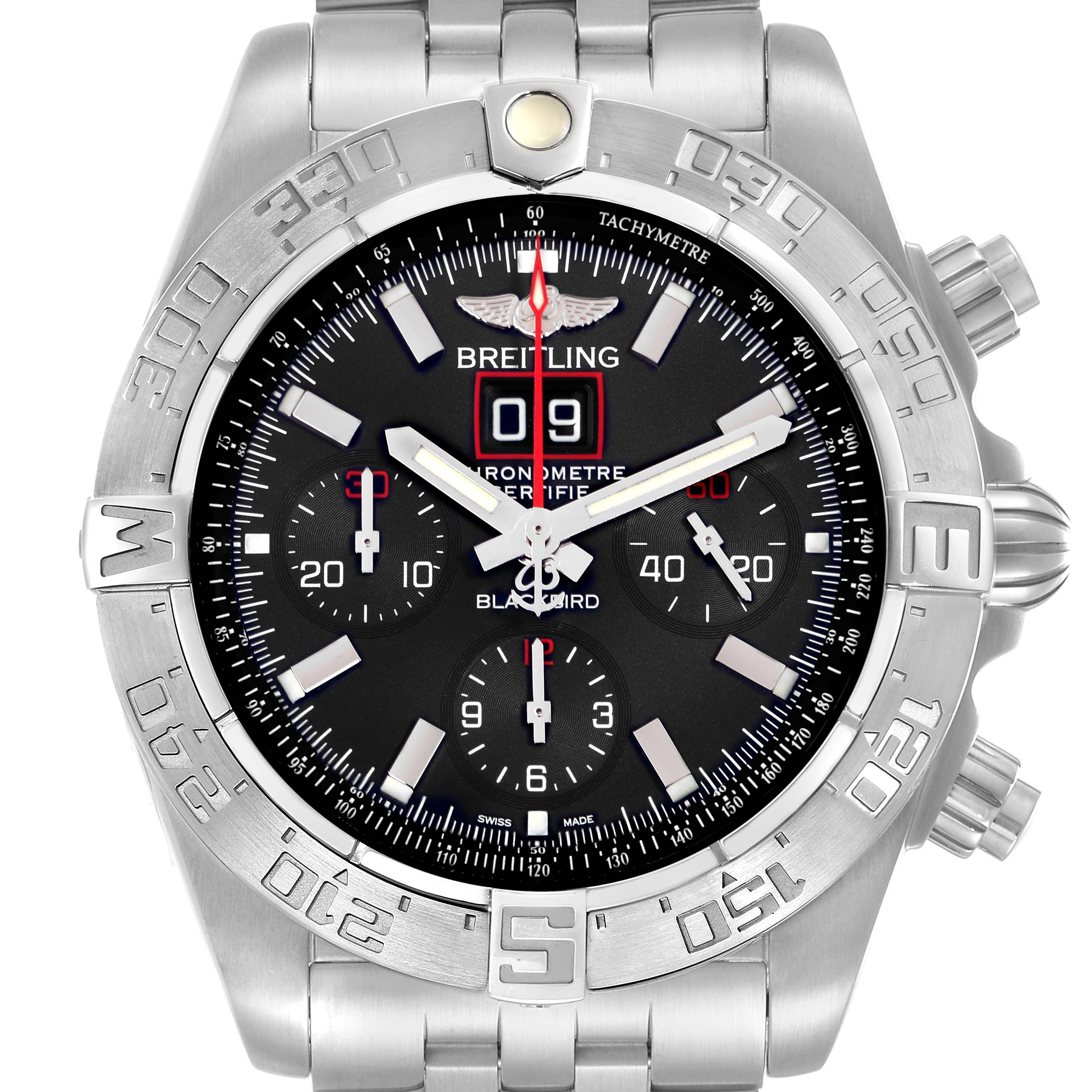 The image shows a front view of the Breitling Chronomat model A44360 men's watch, highlighting the bezel, dial, subdials, and bracelet.