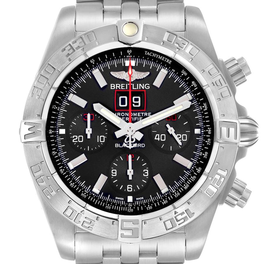 The image shows a front view of the Breitling Chronomat model A44360 men's watch, highlighting the bezel, dial, subdials, and bracelet.