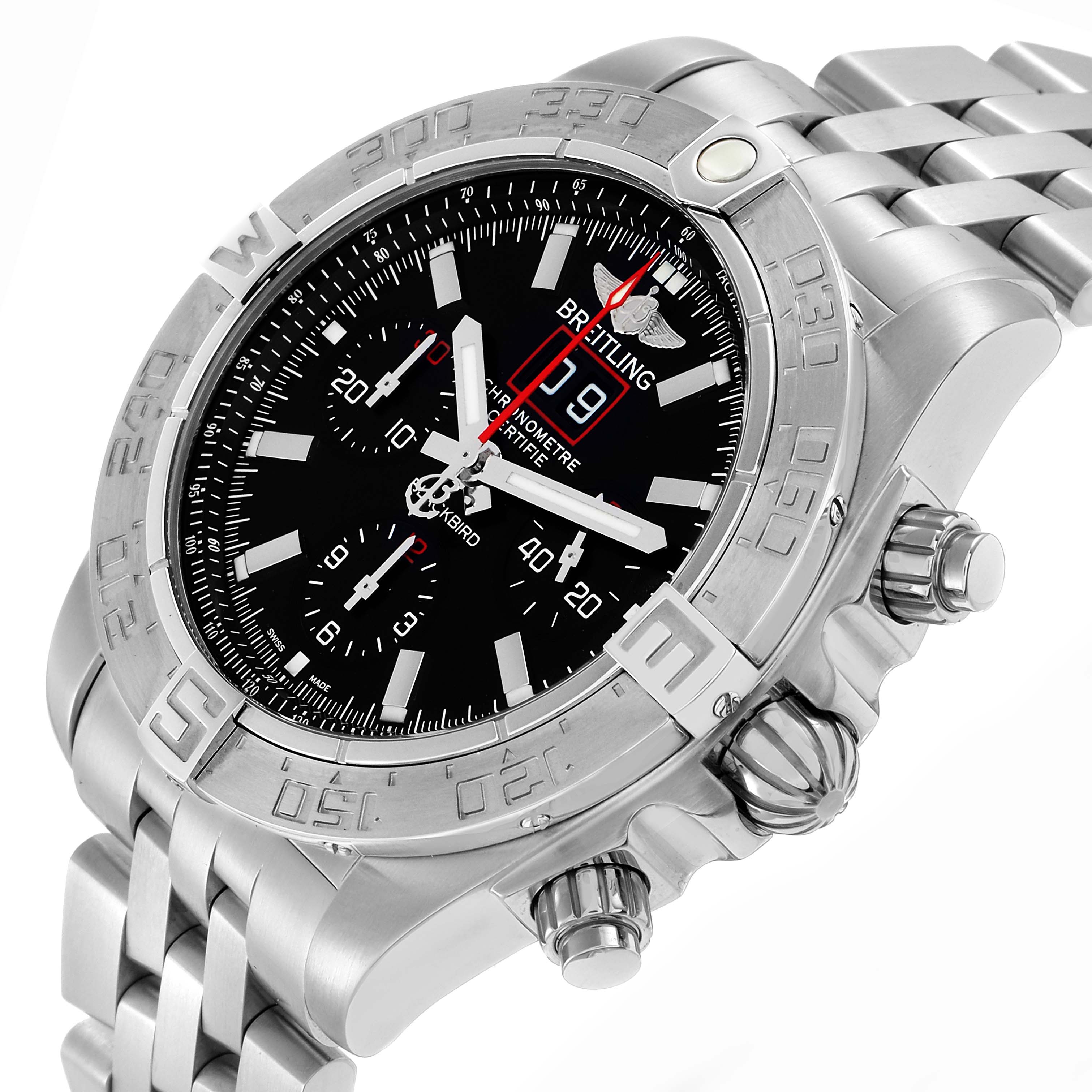 The Breitling Chronomat A44360 watch is shown at a slight angle, displaying its face, bezel, side buttons, and part of the metal bracelet.